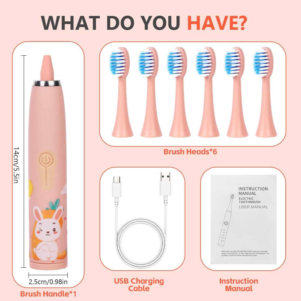 Detalle de Vicloon Kids Electric Toothbrush (Pink) – 6 Replaceable Heads, 4 Modes, 18000 Strokes, IPX6, 2-Minute Timer