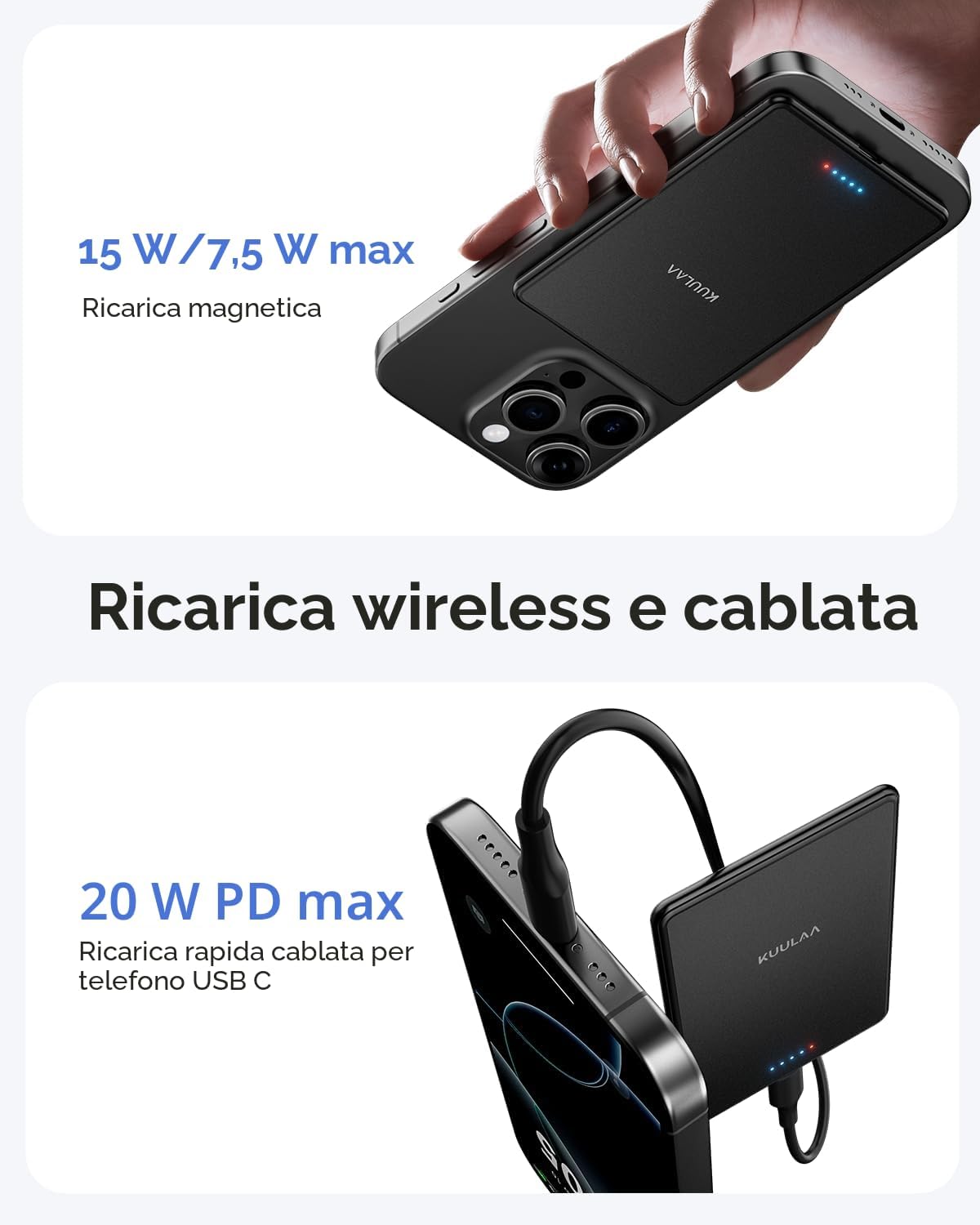 Detalle de Kuulaa Power Bank Ultra Slim MagSafe 5000 mAh: ricarica magnetica leggera e veloce per iPhone