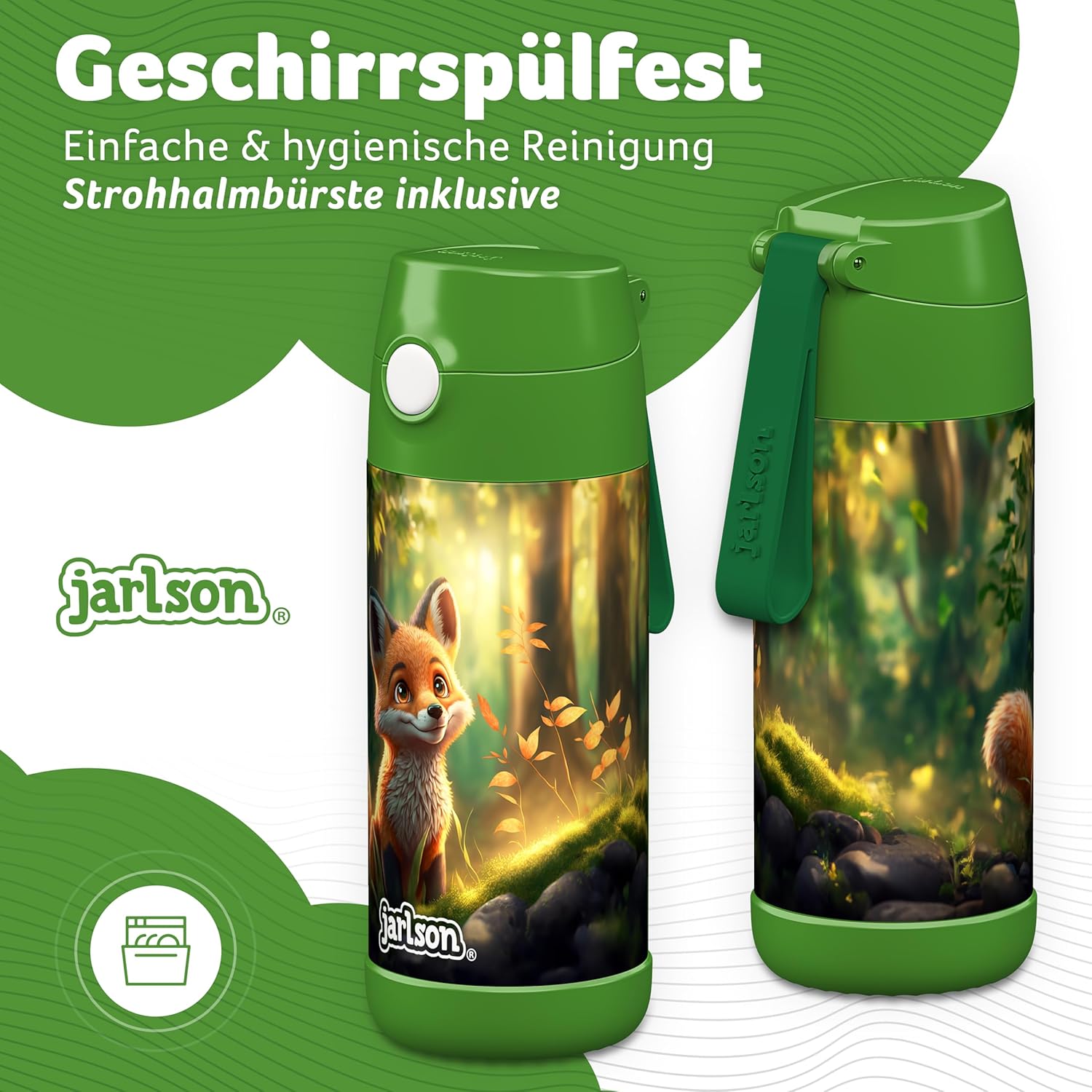 Detalle de Jarlson Trinkflasche Kinder Edelstahl Charli – 350 ml mit Strohhalm (Fuchs)