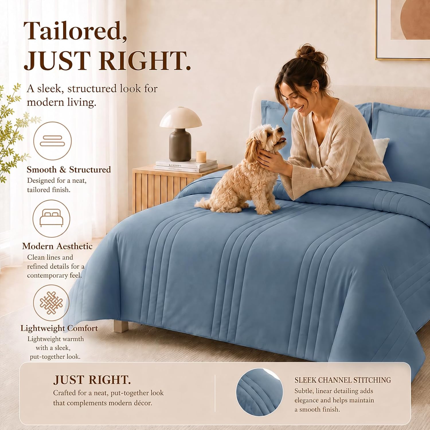 Detalle 2 de CozyLux CLUS25G90L8QU Queen Comforter Set, Dusty Blue, 240 GSM