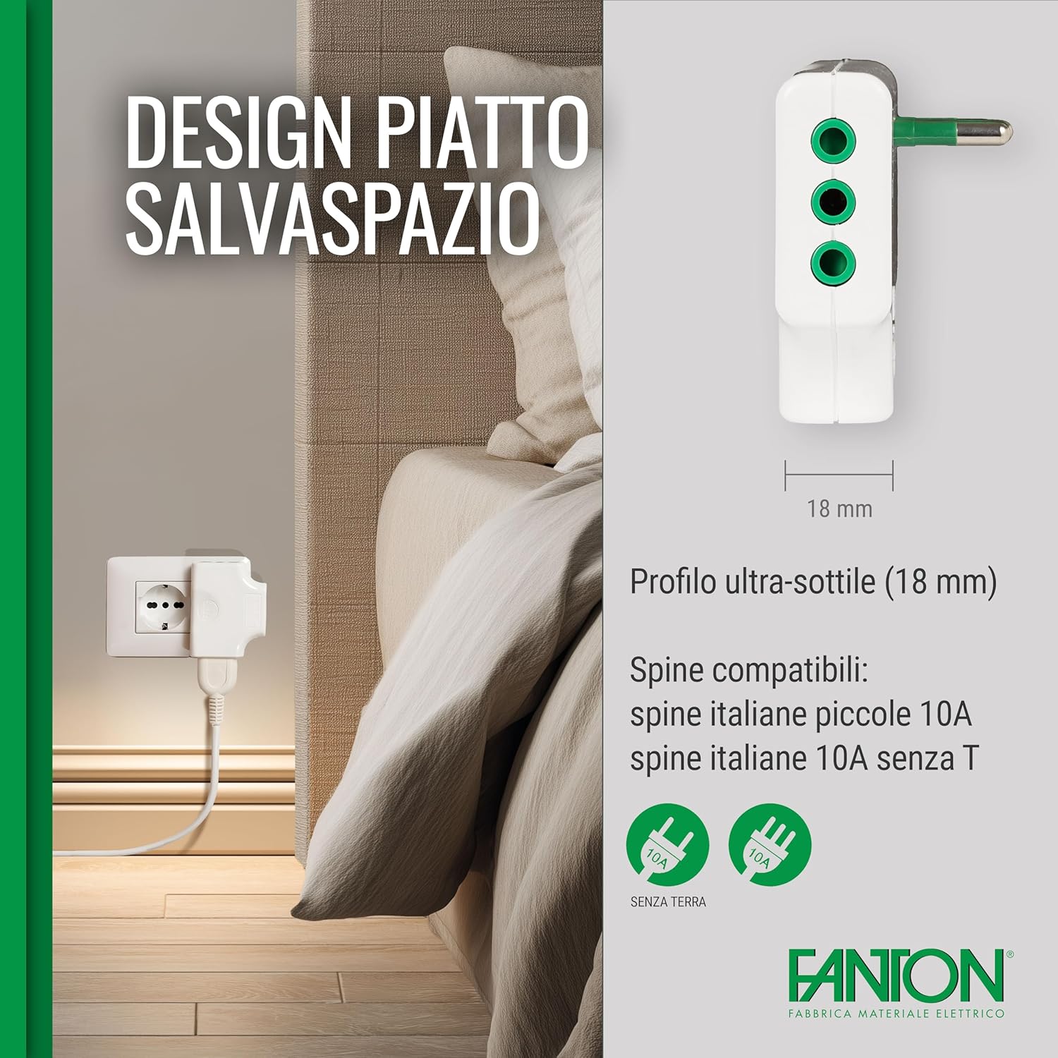 Thumbnail 2 de FANTON 82250: adattatore presa tripla piatta SALVASPAZIO, 1 spina italiana piccola 10A e 3 prese italiane