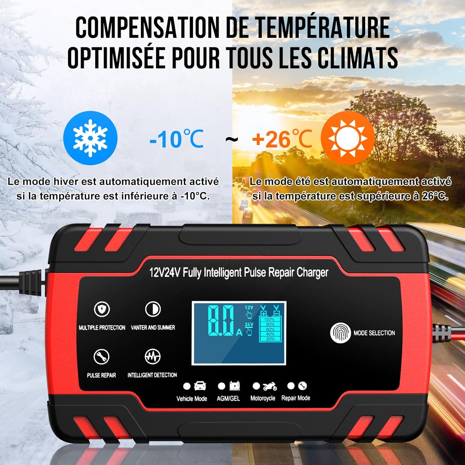 Thumbnail 6 de Husgw Chargeur Batterie Voitures 12V/24V 8A – Chargeur intelligent avec fonction réparation et écran LCD