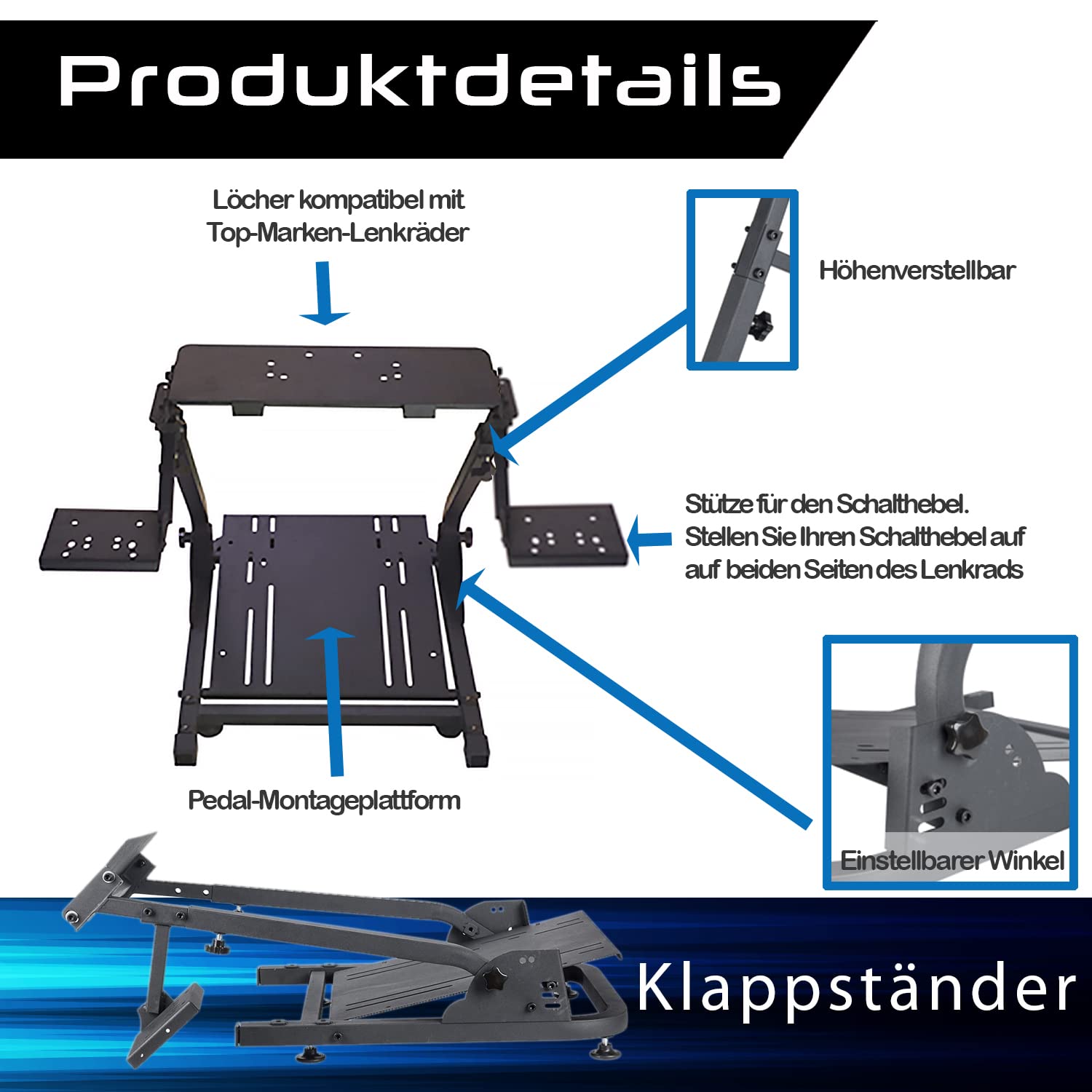 Detalle de Lenkradständer für G29/G920/G923 – inkl. Schalthebelhalterung, verstellbar und faltbar