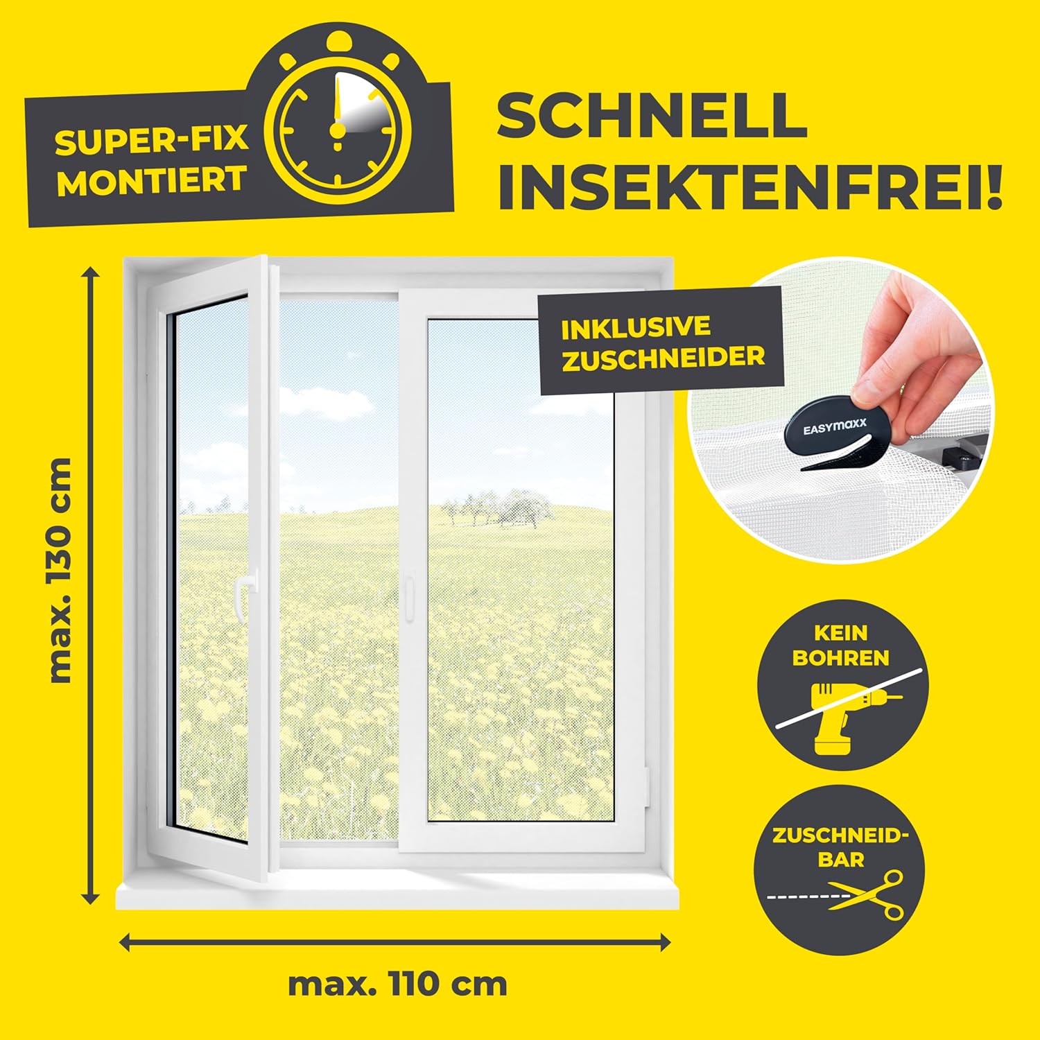 Thumbnail 3 de EASYmaxx Fliegengitter Fenster (Moskitonetz) mit Klettband, Montage ohne Bohren – zuschneidbar bis 110 x 130 cm, 2 Stück