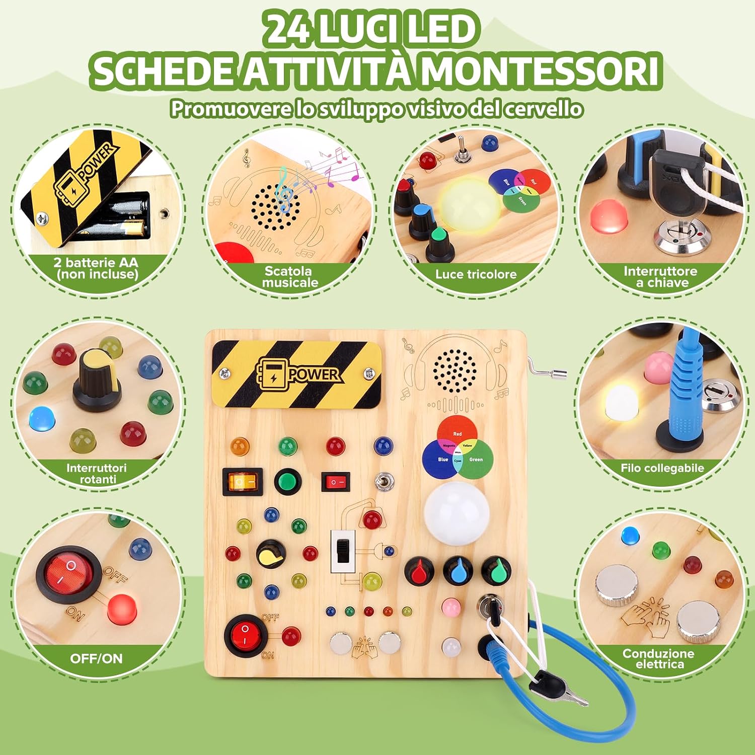 Thumbnail 1 de Giochi Montessori 1 anno per bambini: Busy Board in legno Konijiwa con 13 interruttori e 24 luci LED