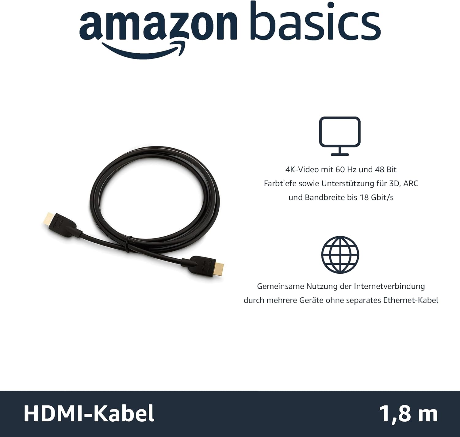 Detalle de Amazon Basics 4K-HDMI-Kabel (1,8 m, 18 Gbit/s, Ethernet, 4K@60 Hz) – 3er-Set, schwarz