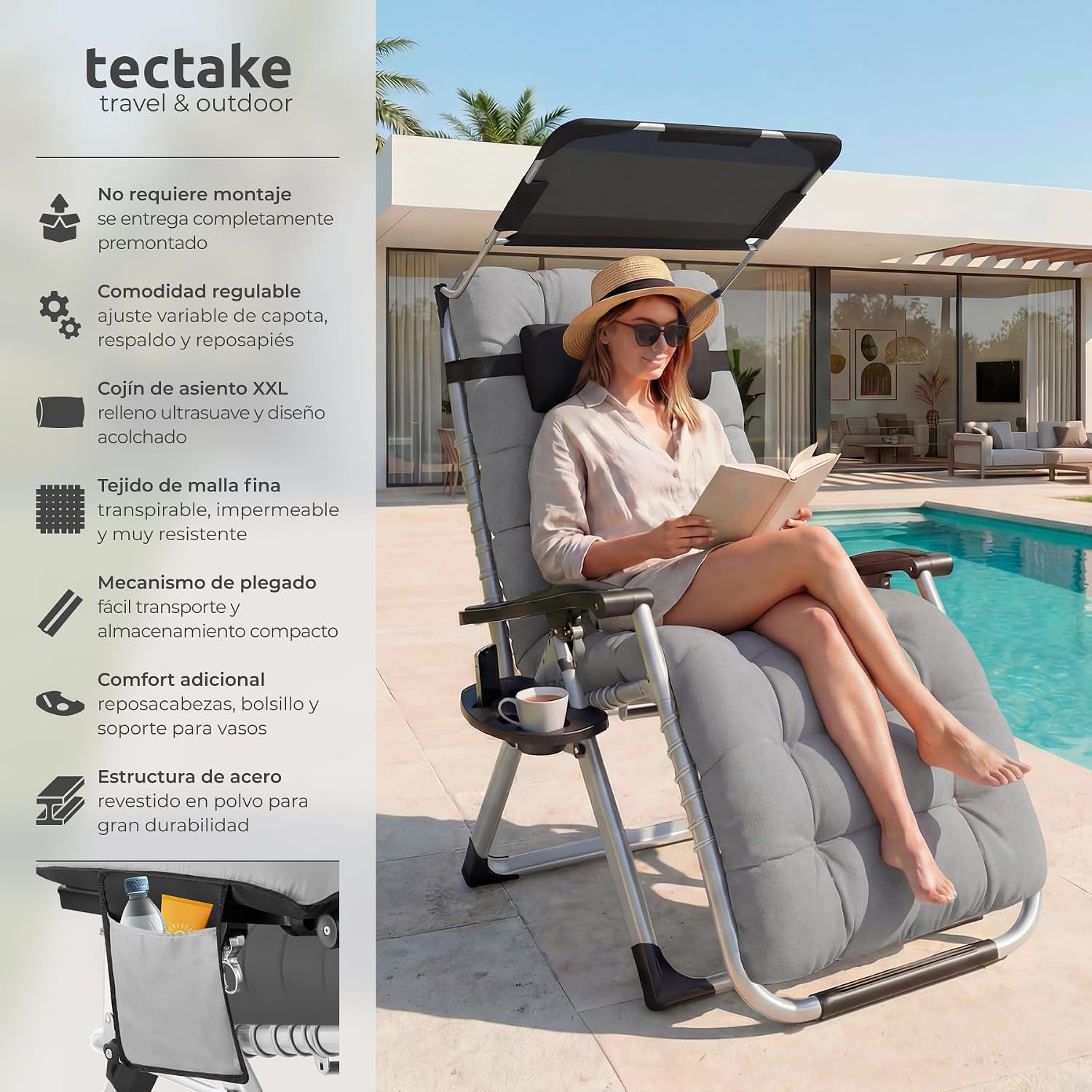 Detalle 1 de tectake Silla tumbona plegable gris 1