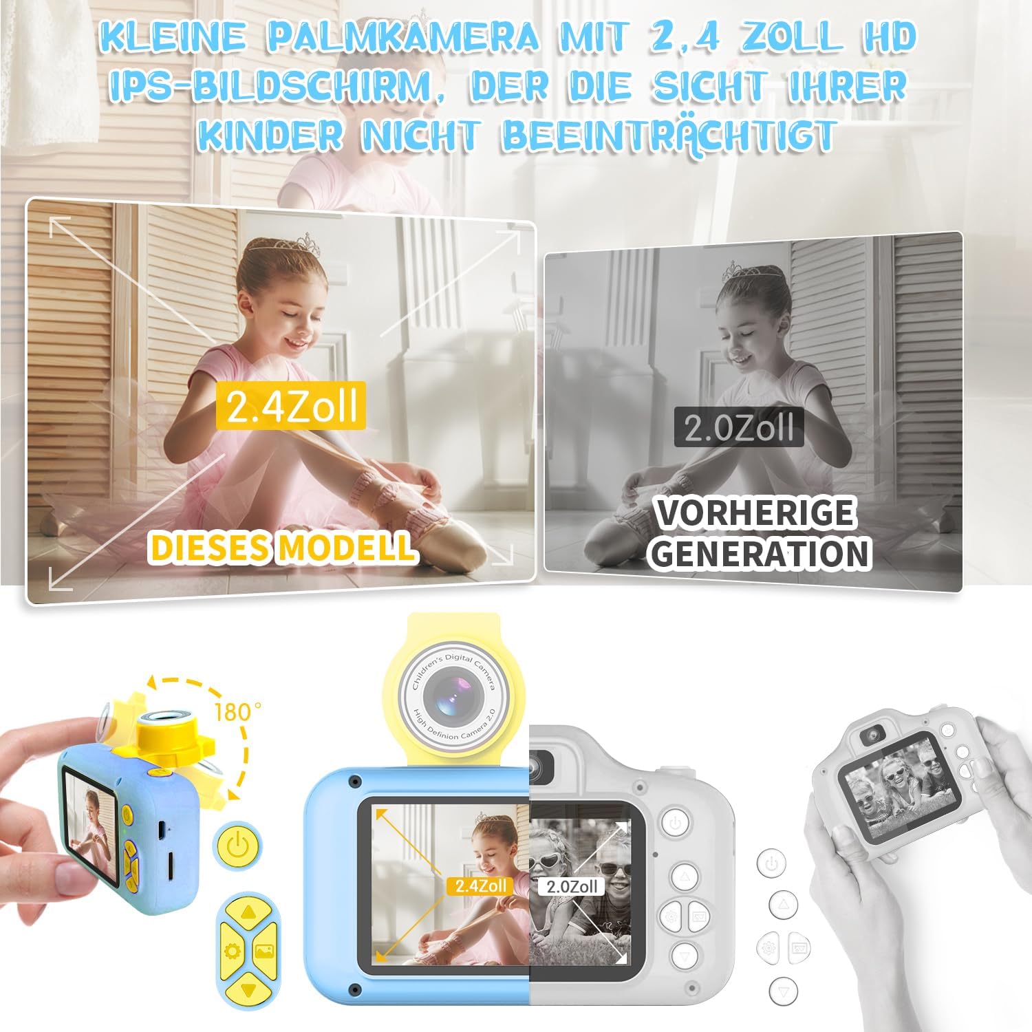 Detalle de ARNSSIEN Kinderkamera X101 mit 180°-Objektiv und 2,4'' IPS-Bildschirm – Spielzeugkamera für Kinder von 3 bis 12 Jahren