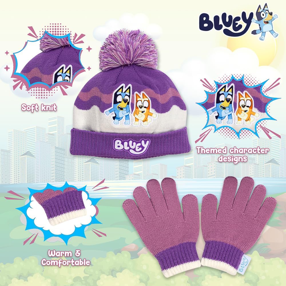 Detalle 2 de Bluey Girls Winter Hat and Gloves Set – Toddler Beanie with Pom Pom + Matching Knit Gloves