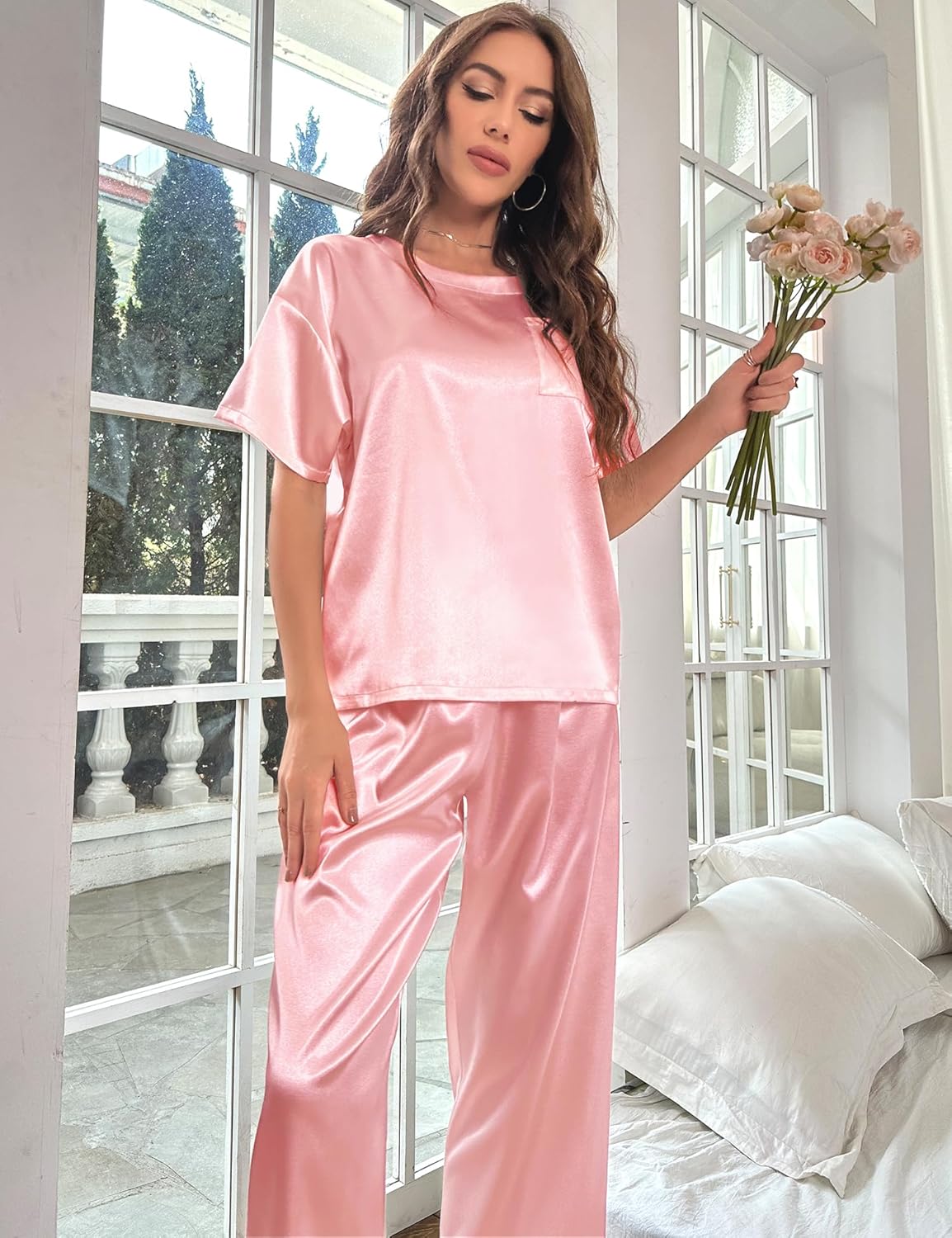 Thumbnail 2 de HANERDUN Damen-Satin-Pyjama-Set (Kurzarm, Hose) – zweiteiliges Schlafanzug-Set, S-XXL