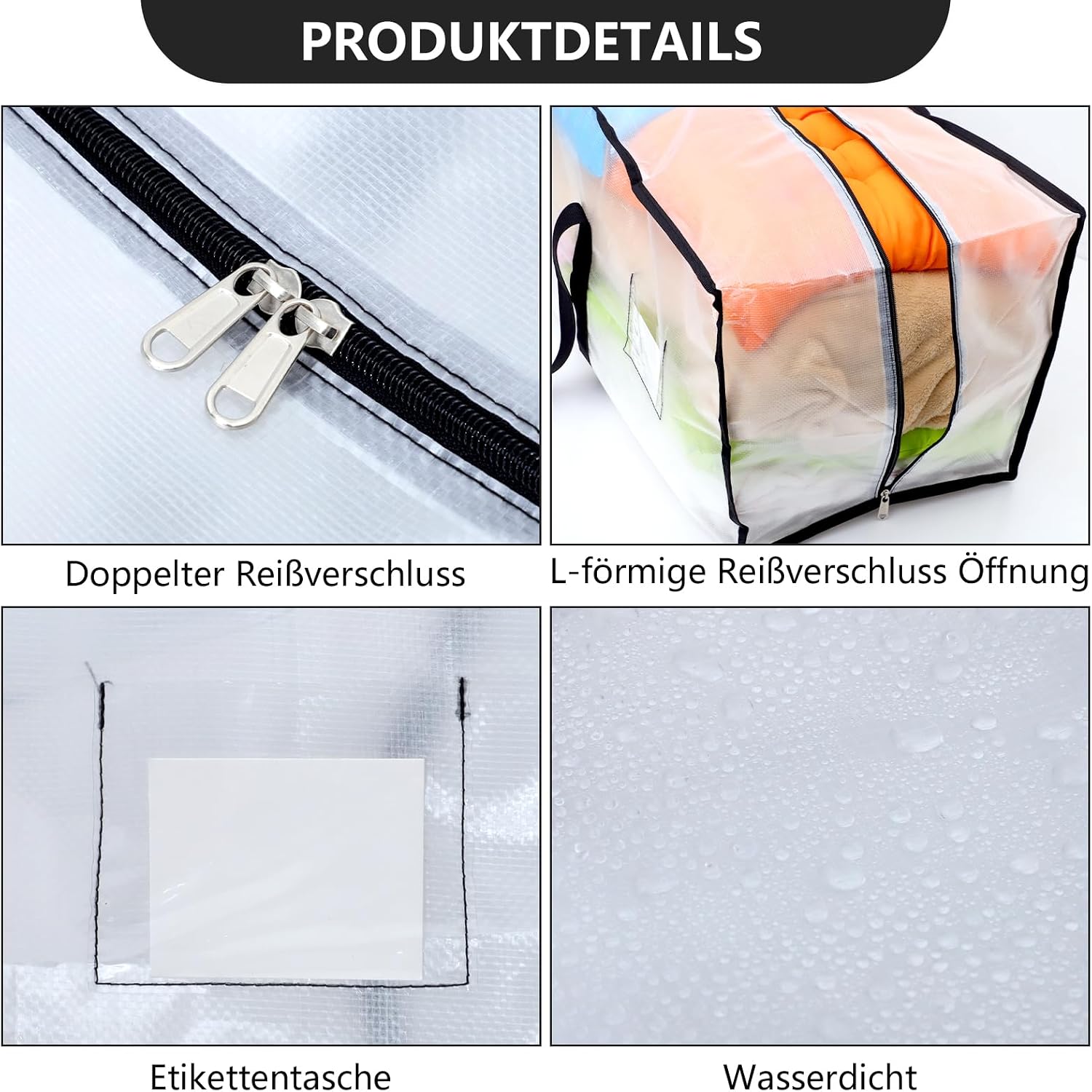 Thumbnail 2 de Dntorx 6er-Set Aufbewahrungstaschen 120L (faltbar, transparent) mit Reißverschluss & Griffen