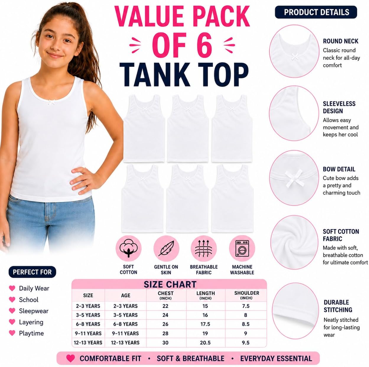 Detalle 2 de reshmena® 3 & 6 Girls 100% Cotton White Sleeveless Vests – Plain Tank Tops for Everyday Wear