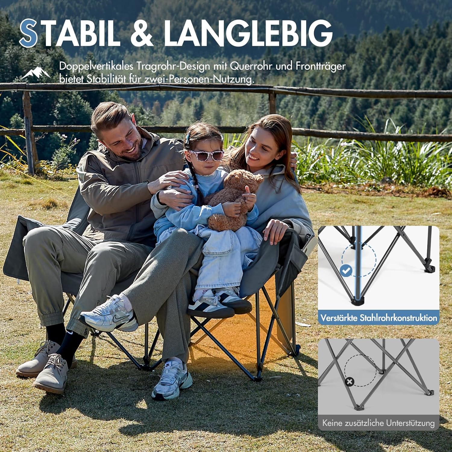 Detalle 2 de Portal faltbarer Campingsofa für 2 Personen mit hoher Rückenlehne (bis 272 kg) inkl. Lagerungstasche