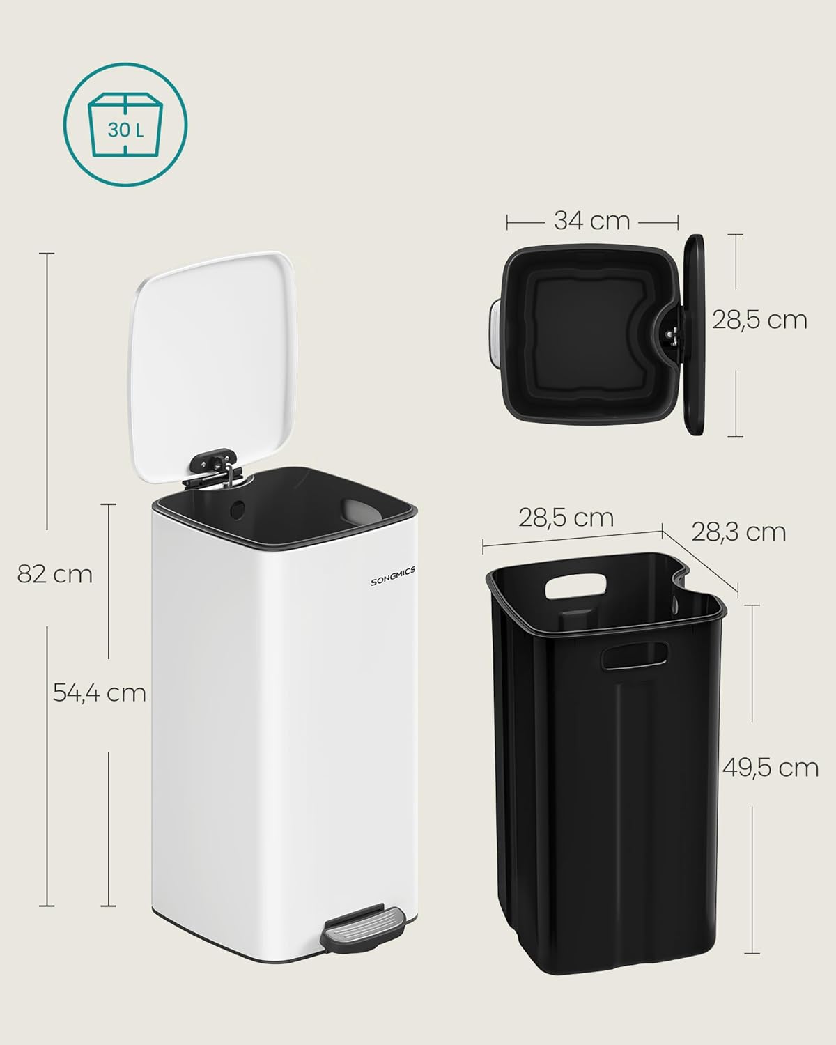 Thumbnail 6 de SONGMICS Pattumiera da Cucina 30 L con Secchio Interno e Chiusura Morbida – Bianco Nuvola LTB593W02