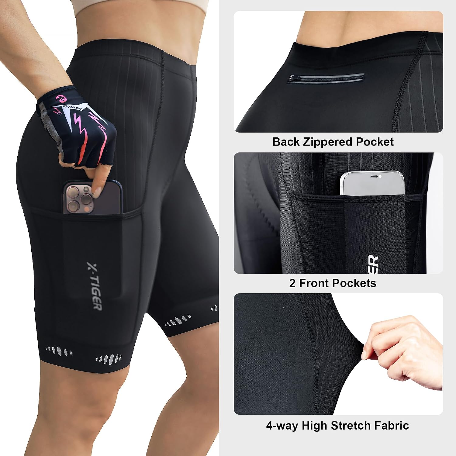 Detalle 2 de X-TIGER Damen-Radlerhose mit 5D Sitzpolster – kurze, atmungsaktive Radhose mit 3 Taschen