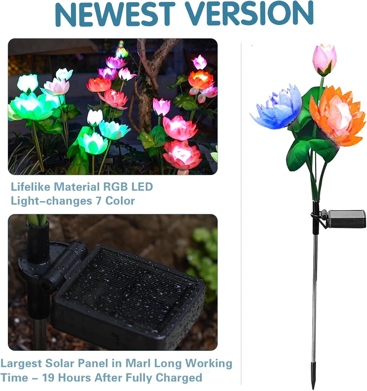 Thumbnail 1 de Solar Garden Lights 2-Pack – 7-Colour Changing Lotus Lights with Bigger Solar Panel (Outdoor Yard & Garden Decor)