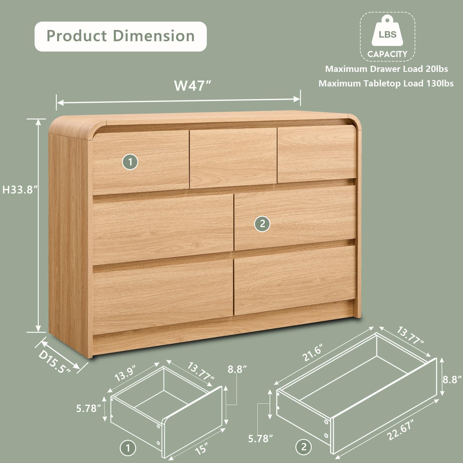 Detalle 2 de Aitjunz LDQMFJ7D-NA-dresser Modern 7-Drawer Dresser, Natural Oak