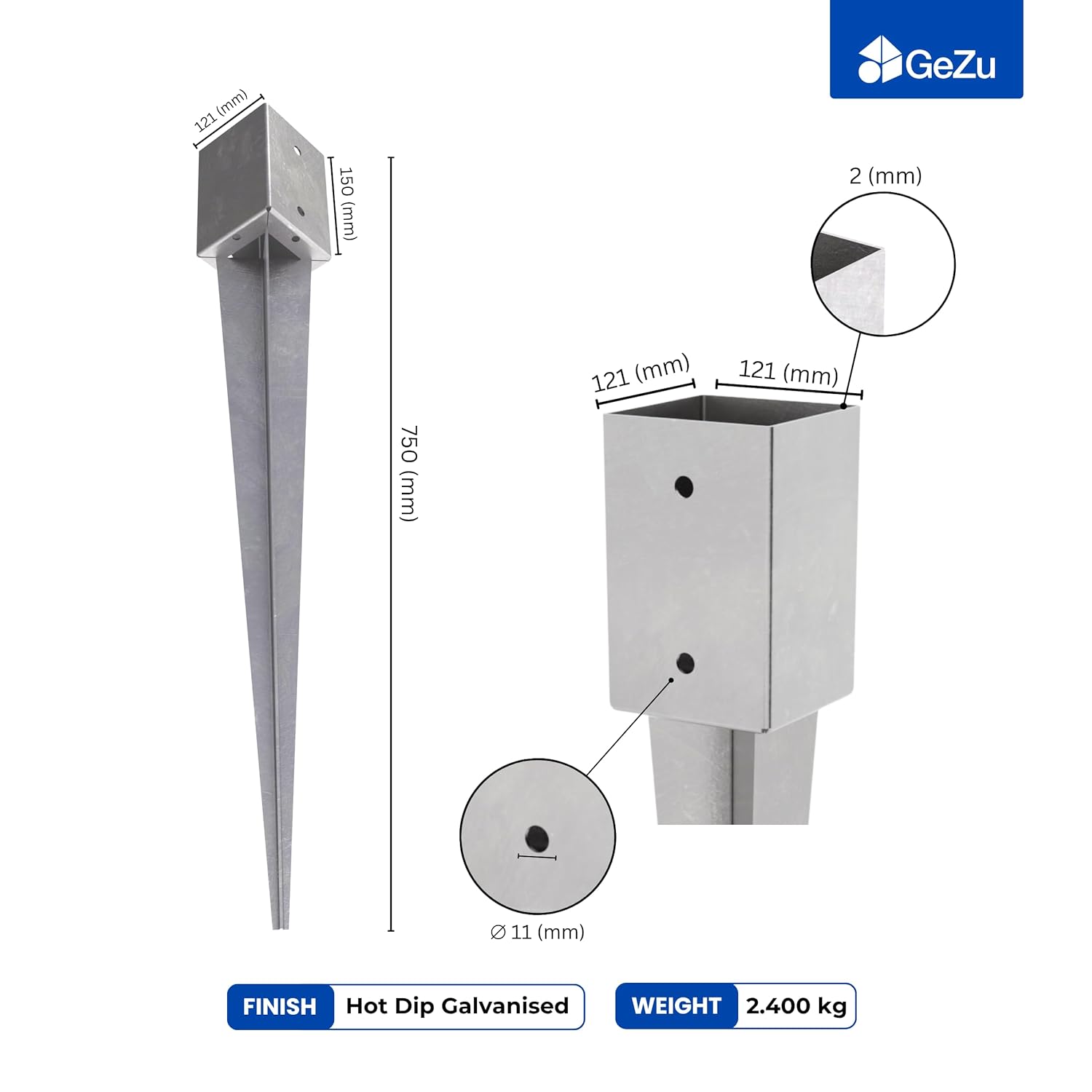 Detalle de GeZu Impex Support de Poteau à Enfoncer Galvanisé à Chaud 750 mm, 121 x 121 mm - Lot de 16