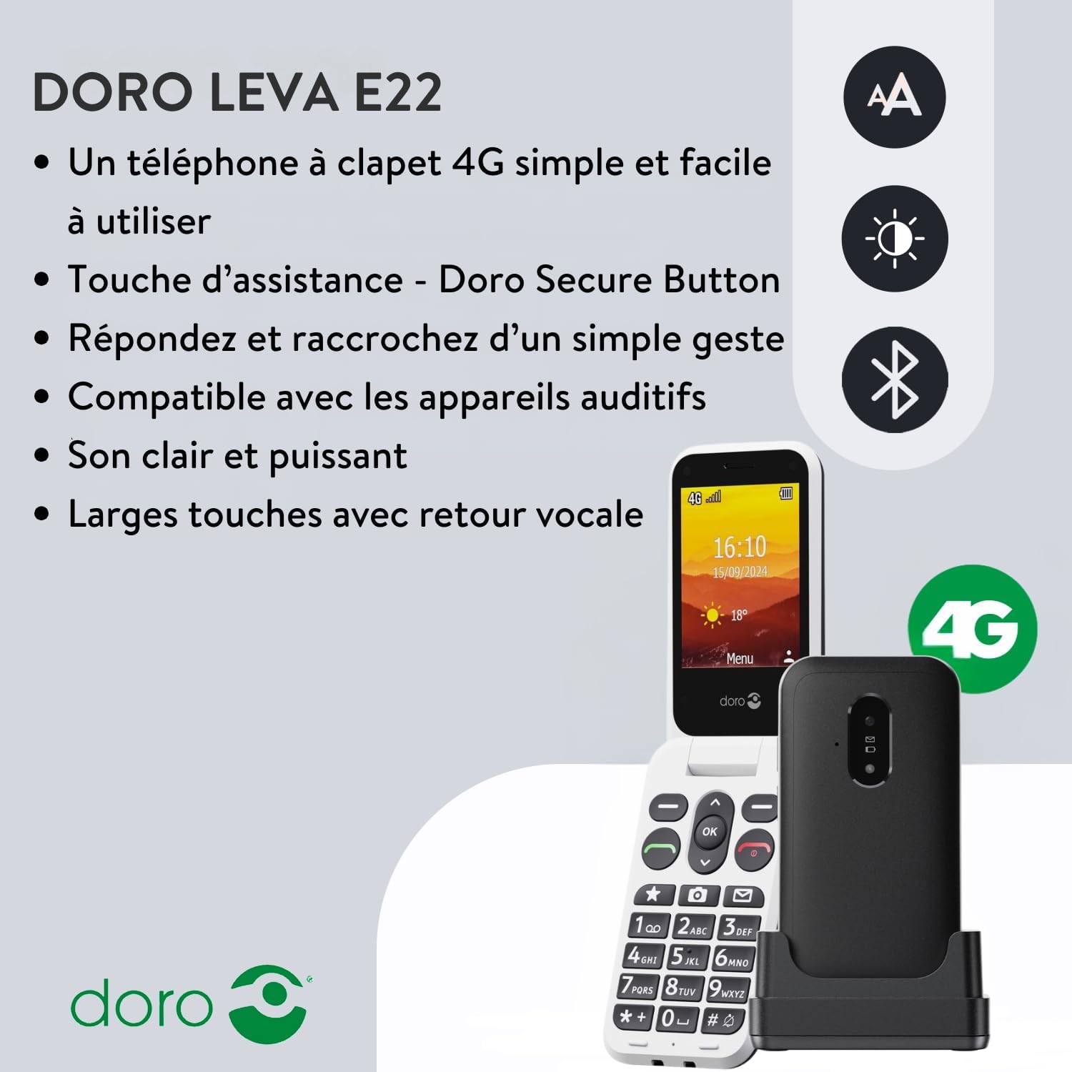 Detalle 2 de Doro Leva E22 4G : Téléphone à clapet seniors avec grand écran 2,8'' et Doro Secure