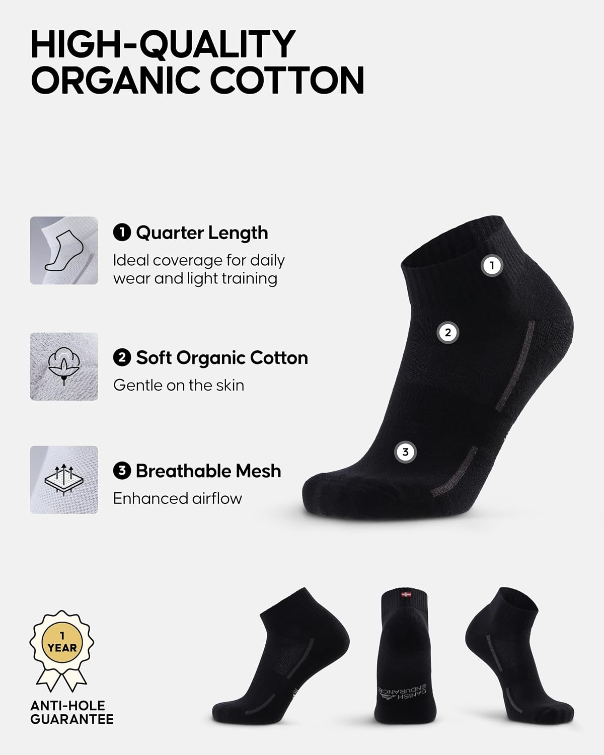 Detalle de DANISH ENDURANCE Organic Cotton Athletic Quarter Socks – Unisex