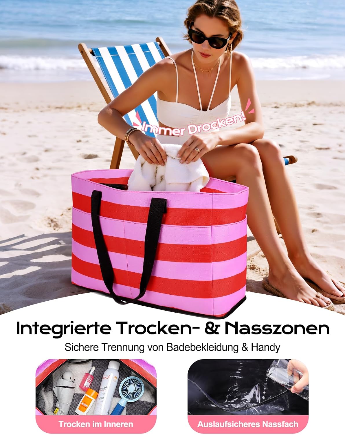 Detalle de CIRYCASE Strandtasche XXL Familie mit Kühlfach – 54L, wasser- und sandfest, faltbar, mit Nassfach