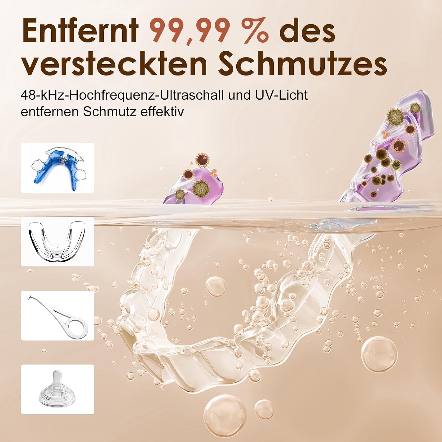 Detalle 2 de Ultraschallreinigungsgerät Zahnschiene 45 kHz inkl. UV‑Sterilisation, 200-ml-Dental Pod mit 3 Modi (Weiß)