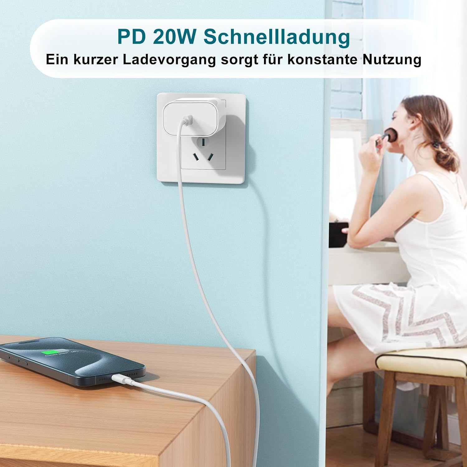 Detalle de DGVERS 20W USB‑C Ladegerät & 2m USB‑C Kabel – Schnelles Laden für iPhone 17/16/15 und iPad, MFi-zertifiziert