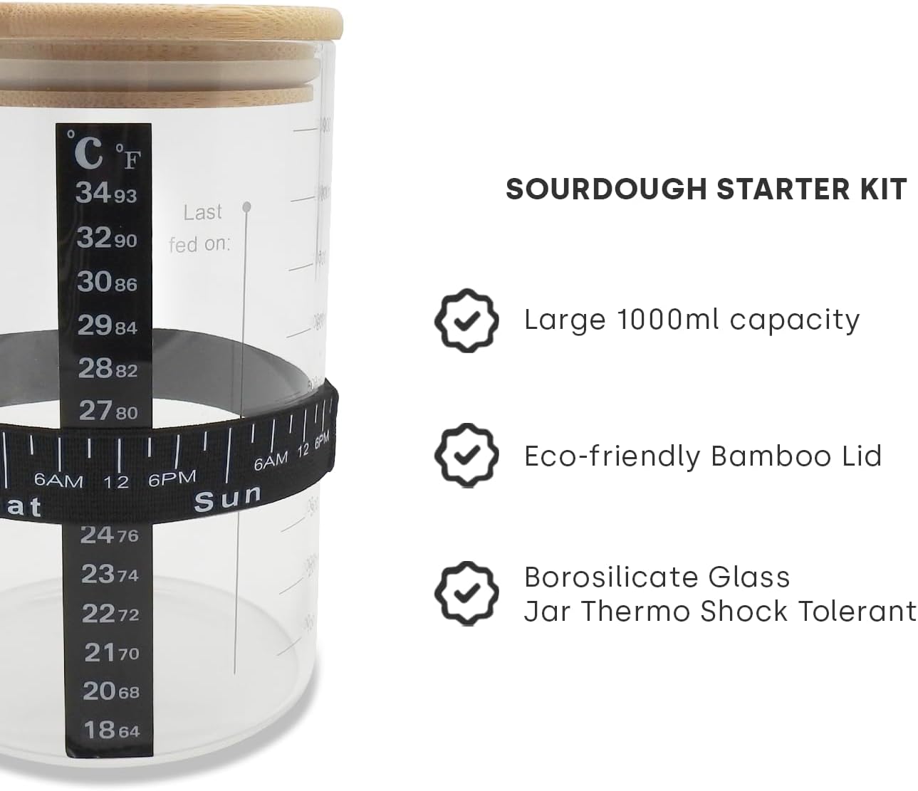 Detalle de SoLuna.® Sourdough Starter Jar Kit 1 Litre – Premium Borosilicate Glass Jar with Feeding Band, Thermometer, Spatula and Accessories