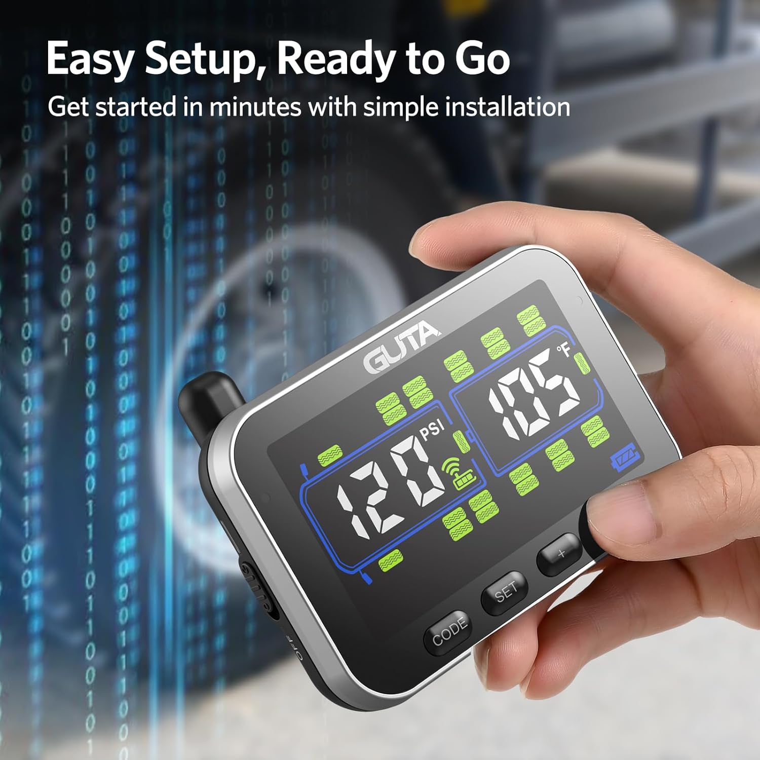 Detalle de GUTA Trailer Tire Pressure Monitoring System (RV TPMS) with 10 Sensors, 6 Alert Modes, Signal Booster, Large Color Display