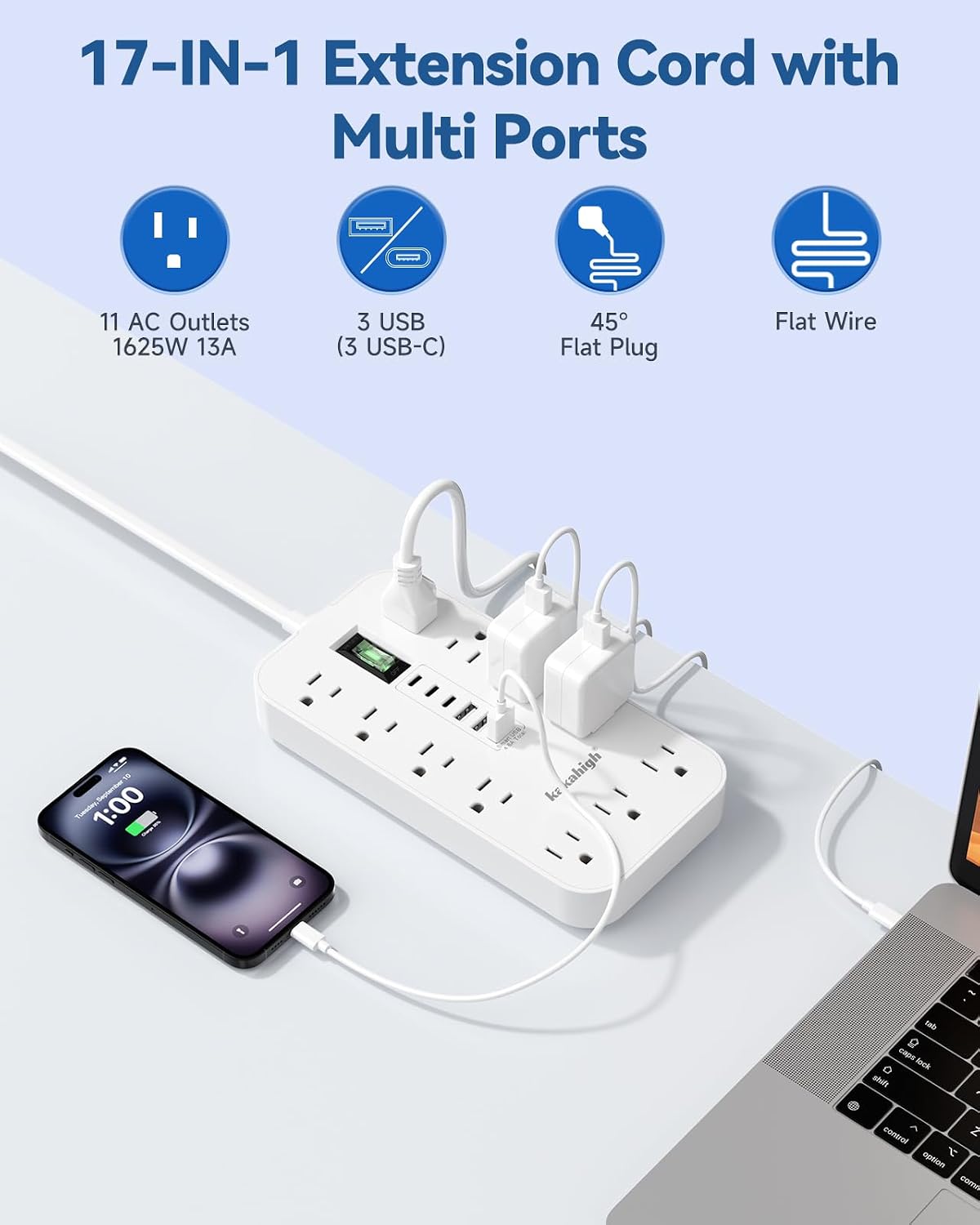 Detalle 2 de kakahigh 808 Power Strip, 11 AC Outlets, 6 USB Ports, 5-Foot Cord