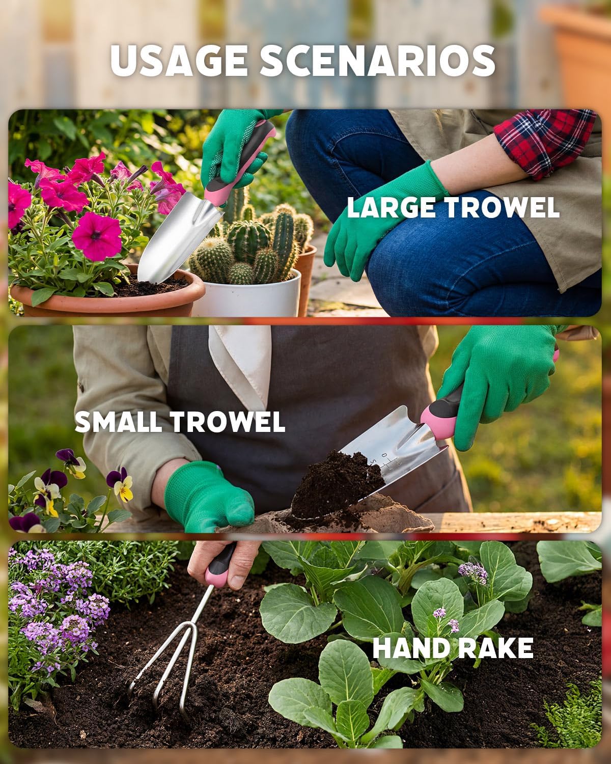 Detalle de Garden Tools Set 7 Pack (Stainless Steel) with Storage Tote Bag – Pink ergonomic kit for everyday gardening