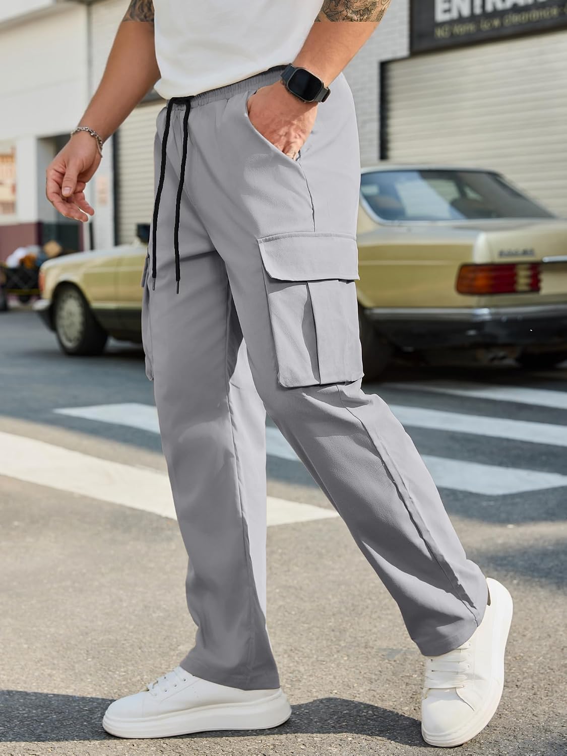 Detalle de PLEPAN Men's Cargo Pants with Stretch Waist, Drawstring, and Four Pockets