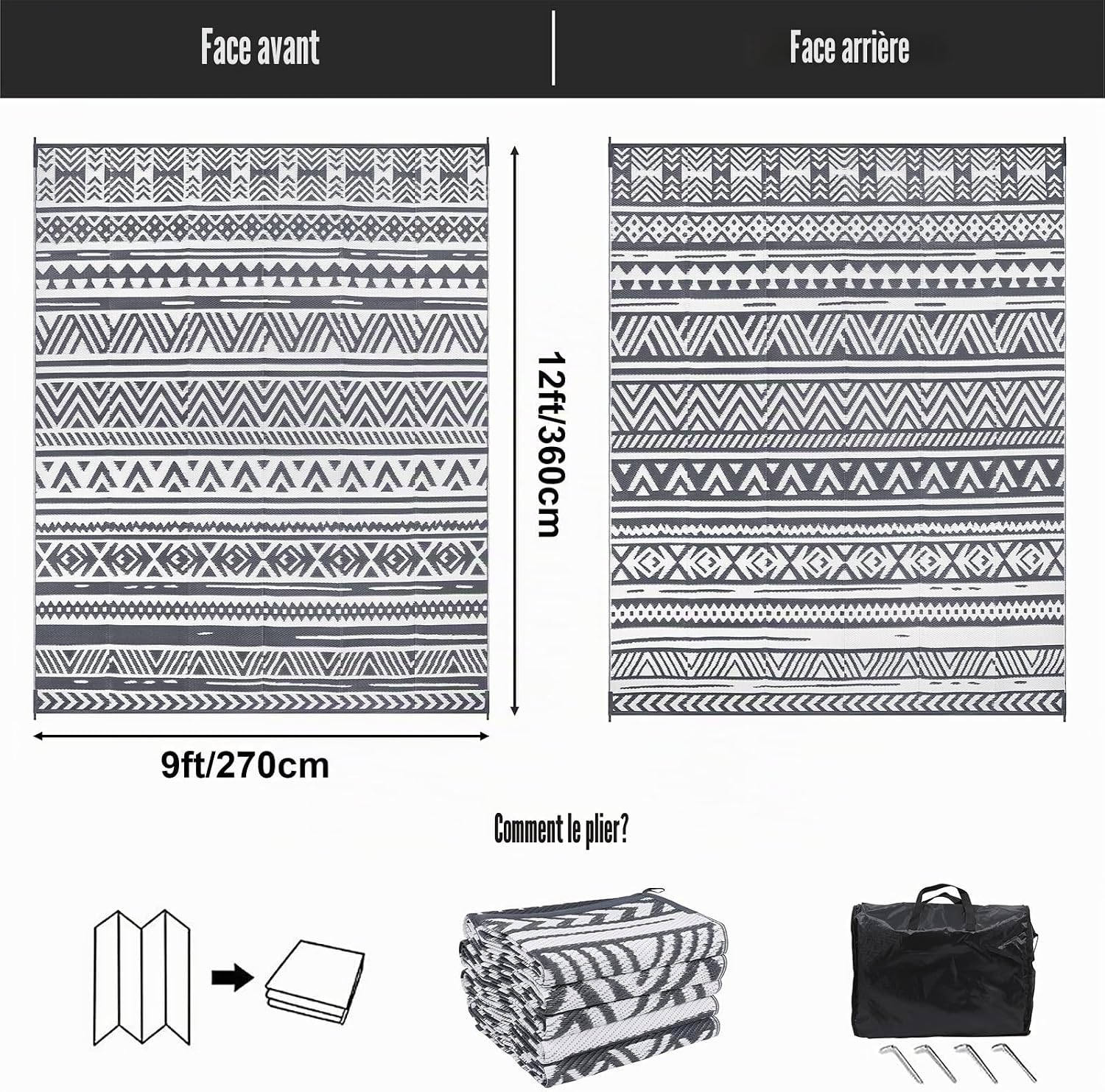 Detalle de Tapis d’extérieur réversible Enyhom 270 x 360 cm – Gris Plastique Durable, résistant UV et polyvalent