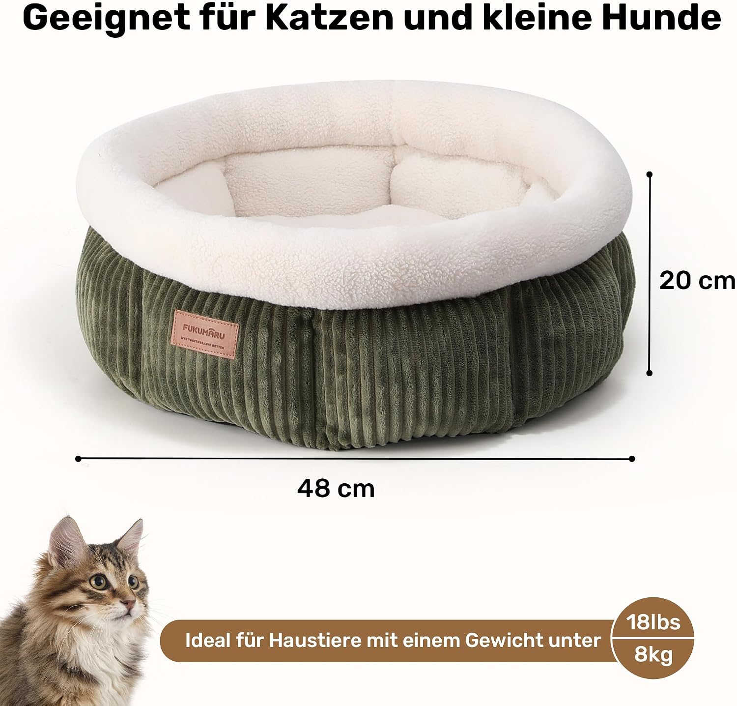 Thumbnail 4 de FUKUMARU Katzenbett waschbar 48 x 48 x 20 cm – Plüsch-Katzenkorb mit erhöhtem Rand, grün