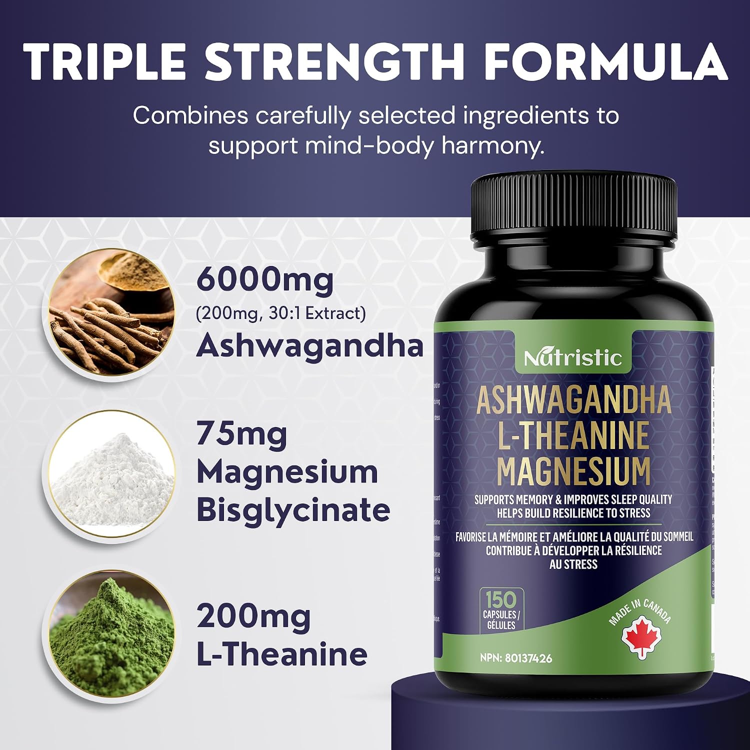 Detalle de Nutristic 3-in-1 Ashwagandha Capsules with L-Theanine & Magnesium, 150 Count