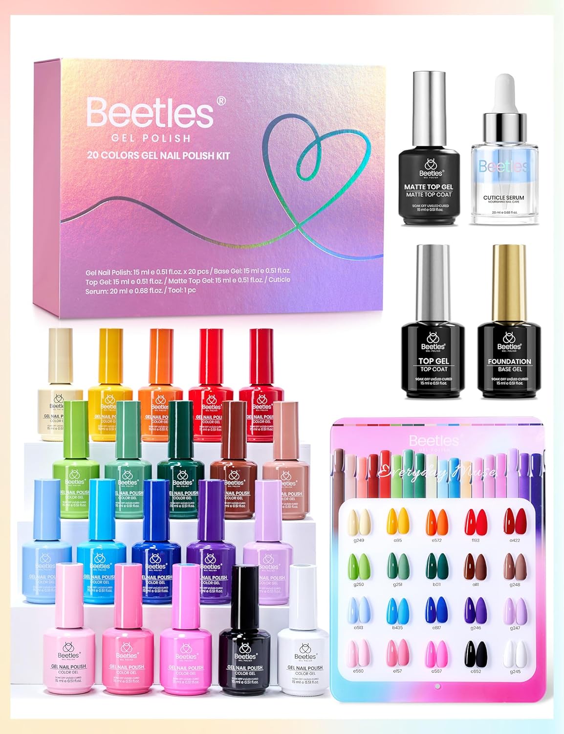 Detalle 2 de Beetles Summer Gel Polish Set - Everyday Muse Collection (20 Colors, 15ml) with Base & Top Coat