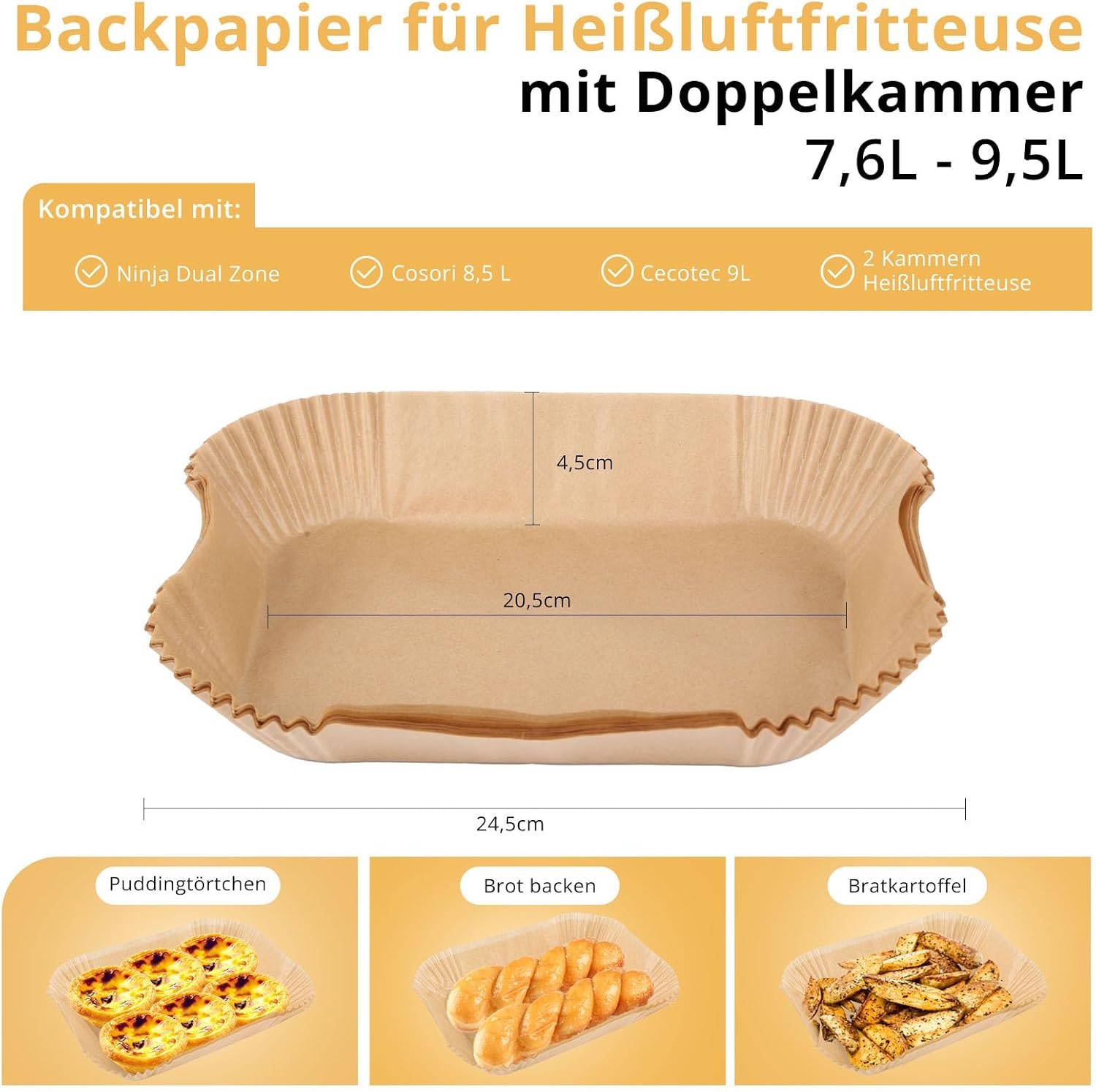 Detalle de 150 Stück Backpapier für Heißluftfritteuse Ninja Dual (AF300EU/AF400EU, 20,5 x 14 cm) – Einweg-Pergamentliner