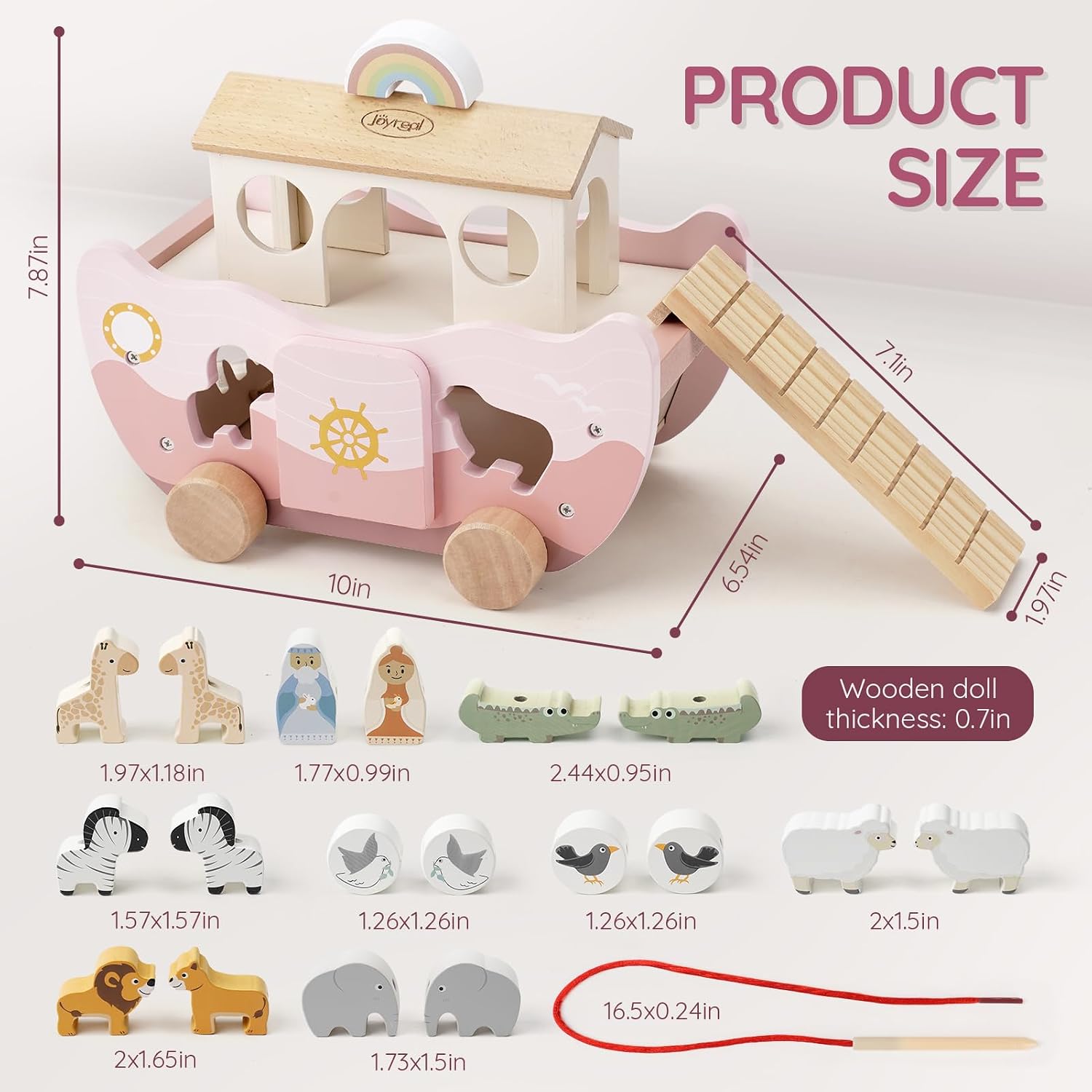 Thumbnail 2 de Joyreal Pink Wooden Noah's Ark Toy - Montessori Educational Set for 12+ Months