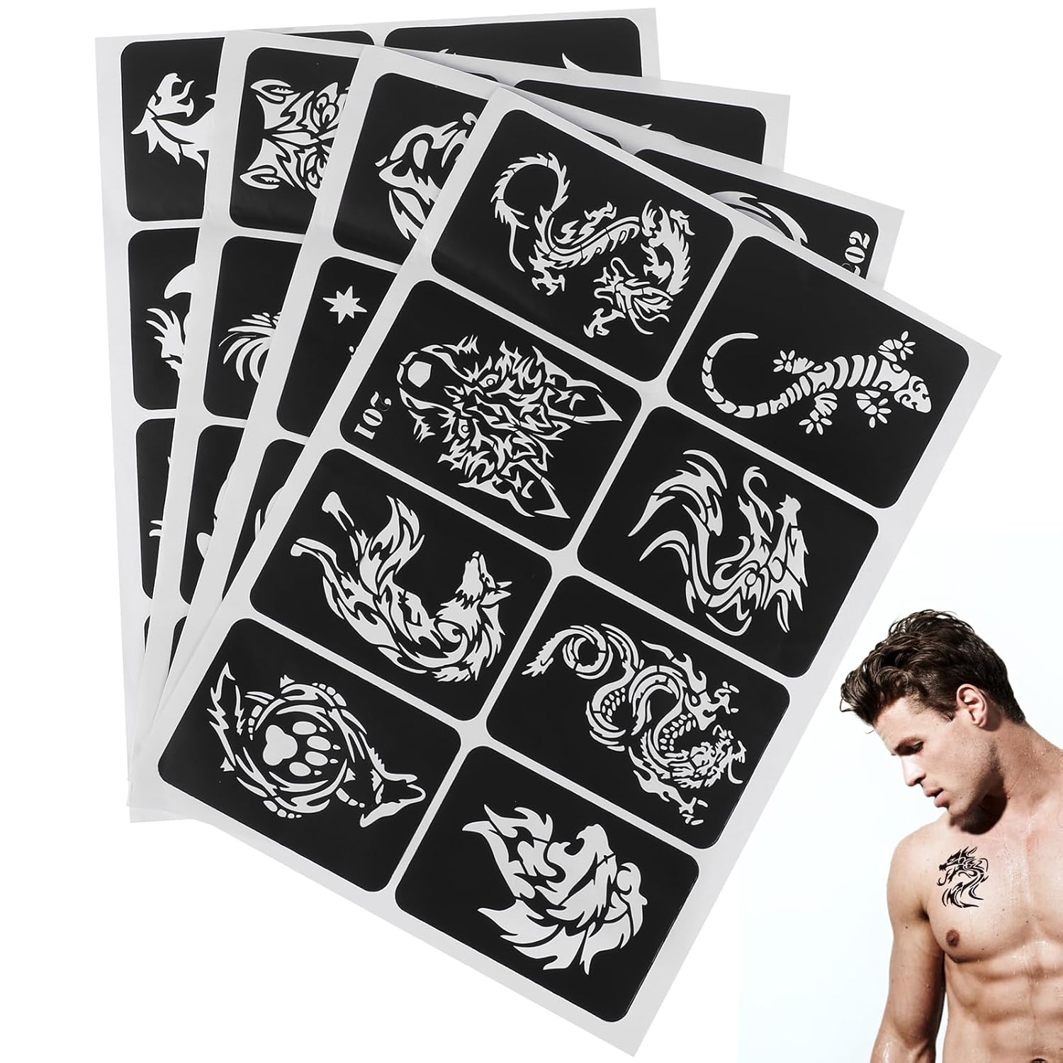 4 Sheets 32Pcs Temporäre Tätowierung Schablonen – Selbstklebende Vorlagen Set für Gesicht, Körper und Party