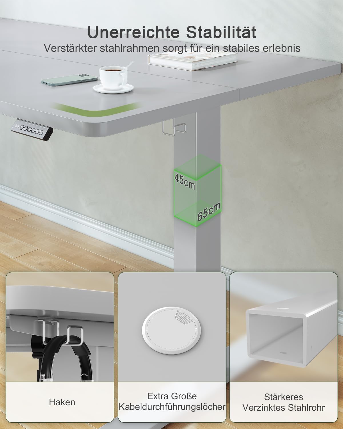 Thumbnail 4 de JUMMICO Höhenverstellbarer Schreibtisch mit USB-Ladeanschluss – elektrisch höhenverstellbar, 180 × 80 cm, Grau