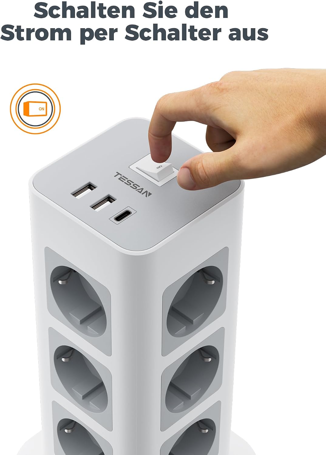 Thumbnail 6 de TESSAN TPS04-DE-C grenuttagstorn med 12 uttag, USB-C, 2 USB-A och 2 m kabel