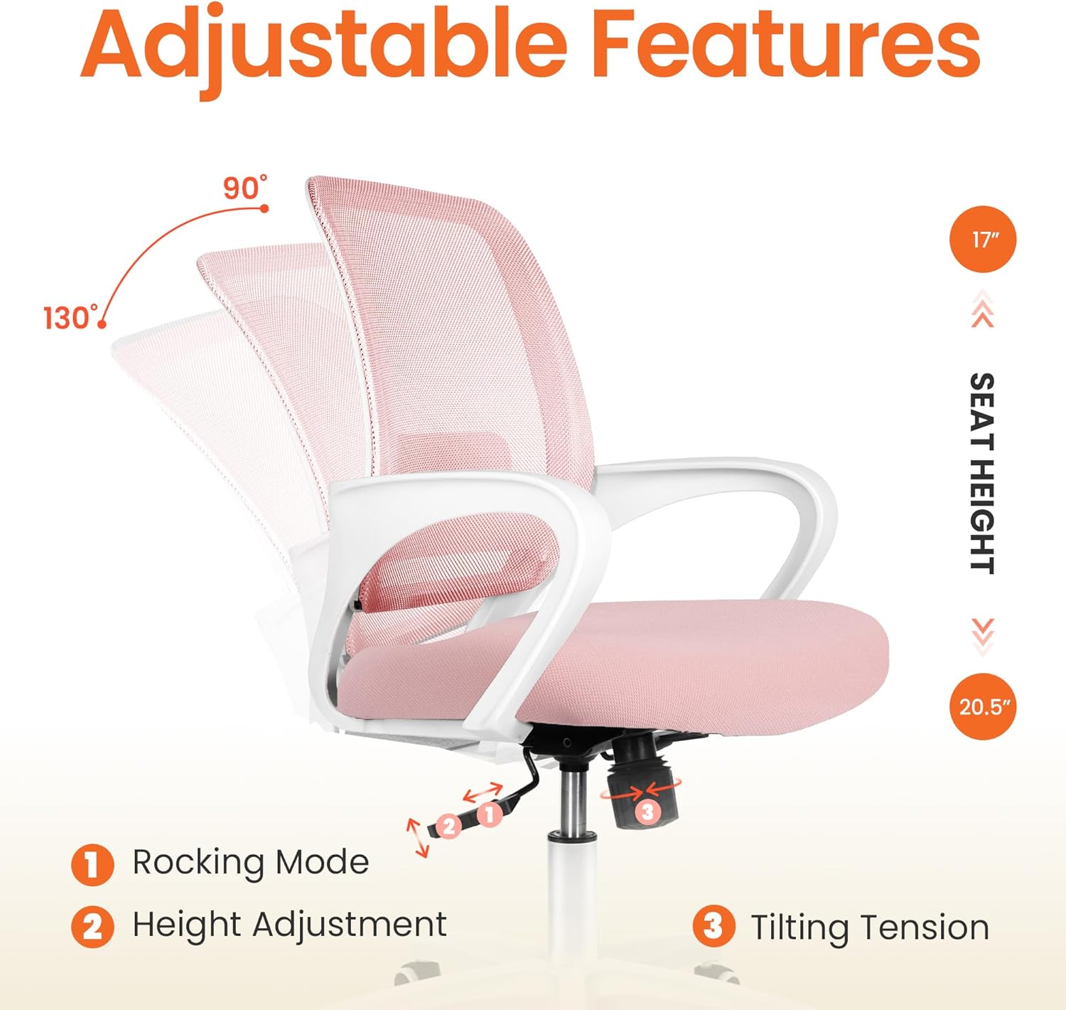 Detalle de NEO CHAIR Desk Chair, Pastel Pink Mesh Back, Adjustable Height, 360° Swivel