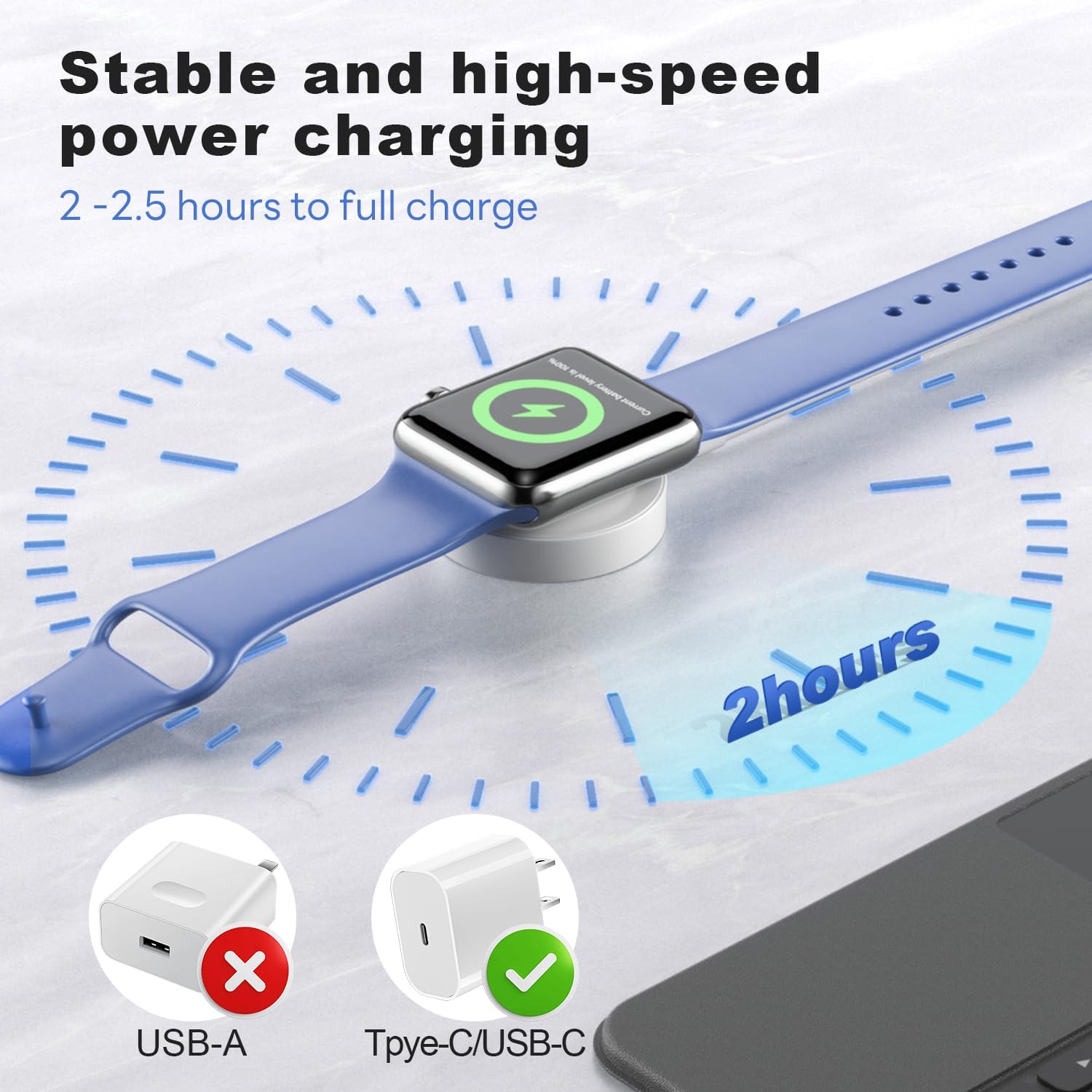 Detalle 2 de WeiShip USB‑C Apple Watch Charger Cable (2‑Pack, magnetic, 3ft + 3ft/white) for Series 1–11, SE & Ultra