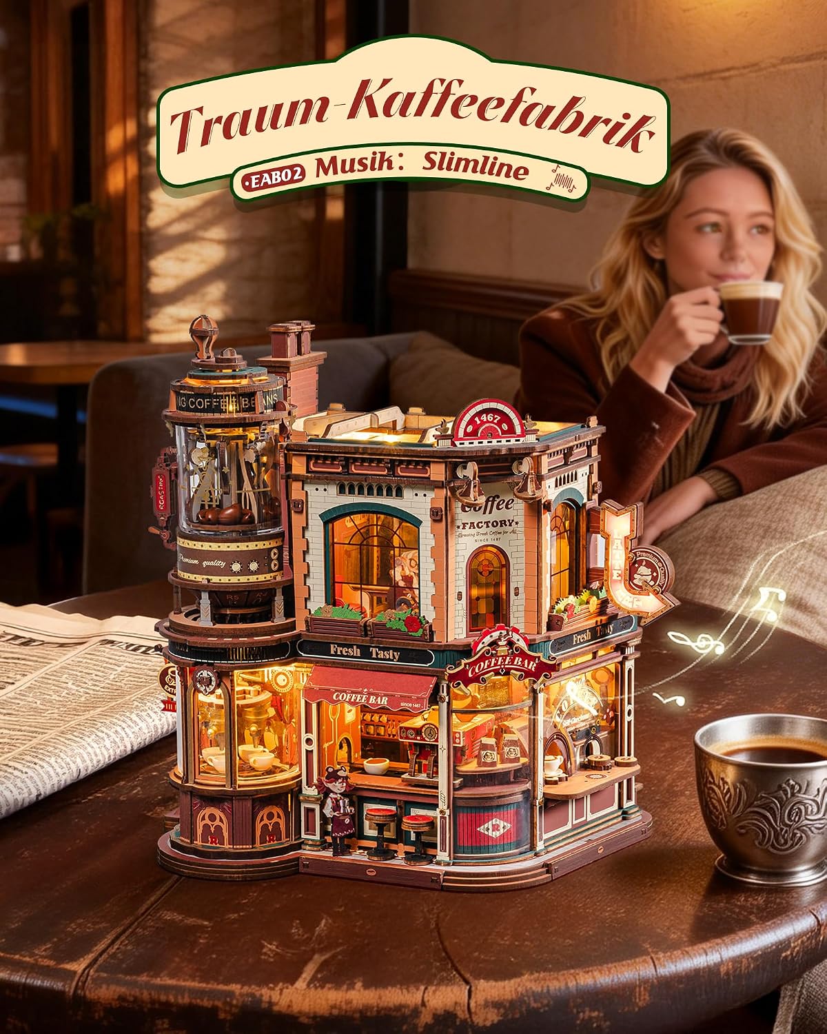 Detalle de ROKR Dream Coffee Factory EAB02 – DIY Miniatur-Puppenhaus mit Spieluhr, LED-Beleuchtung und Jazzmusik