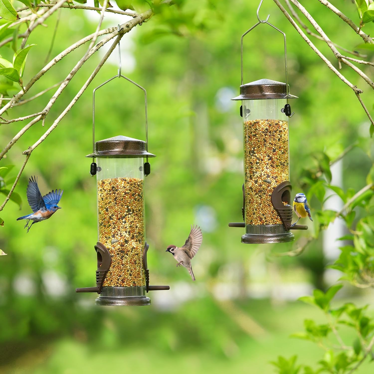 Thumbnail 4 de Hanging Bird Feeders: Copper Finish Metal Seed Feeder, 2-Port, Weatherproof and Heavy-Duty (2 Packs) for Garden