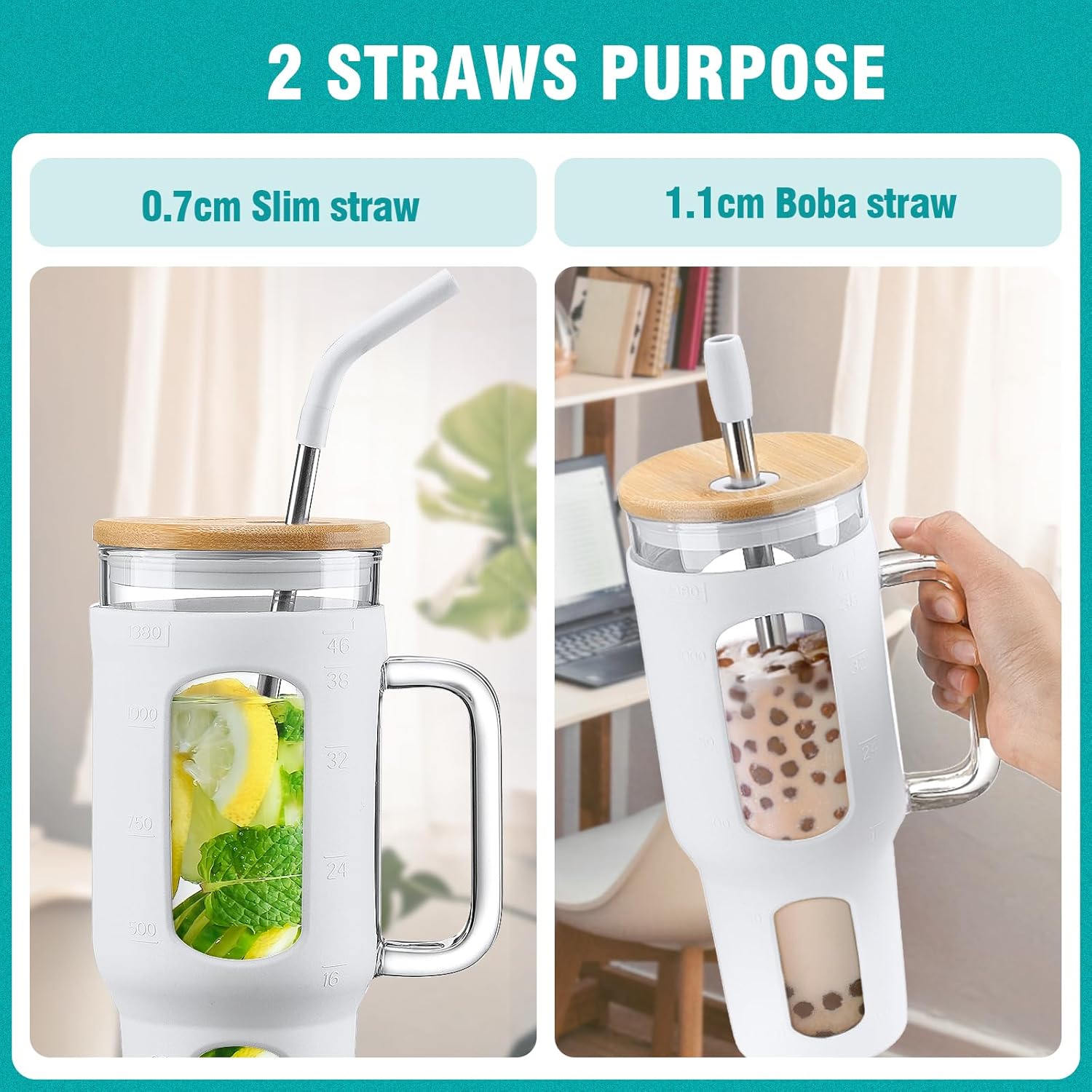 Thumbnail 2 de BLUEGO gobelet en verre avec couvercle 1400 ml, poignée et 2 pailles (sans BPA) – blanc