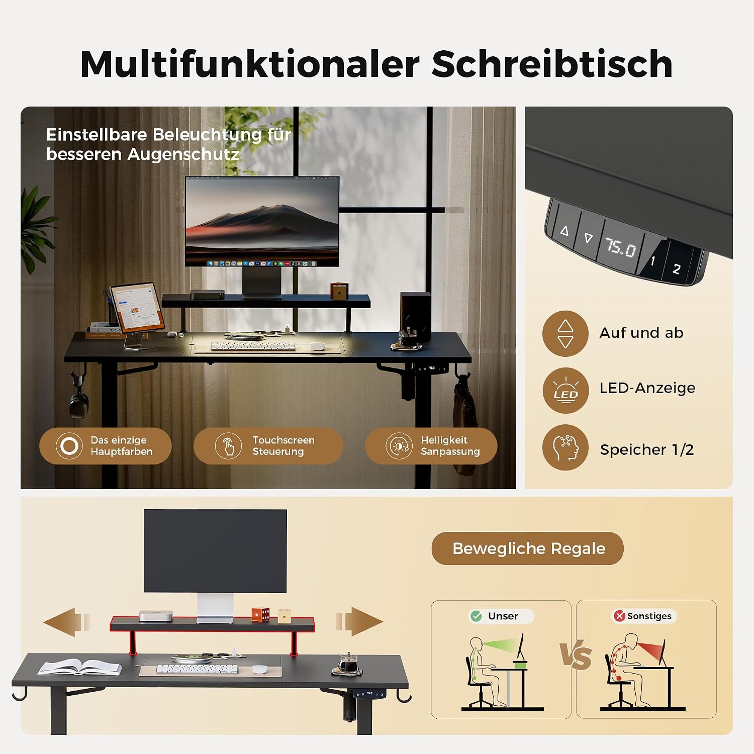 Detalle de Agilestic: Höhenverstellbarer Schreibtisch mit beweglichem Monitorständer – 120 x 60 cm, elektrisch, inkl. USB-Dose & LED-Lichtleiste