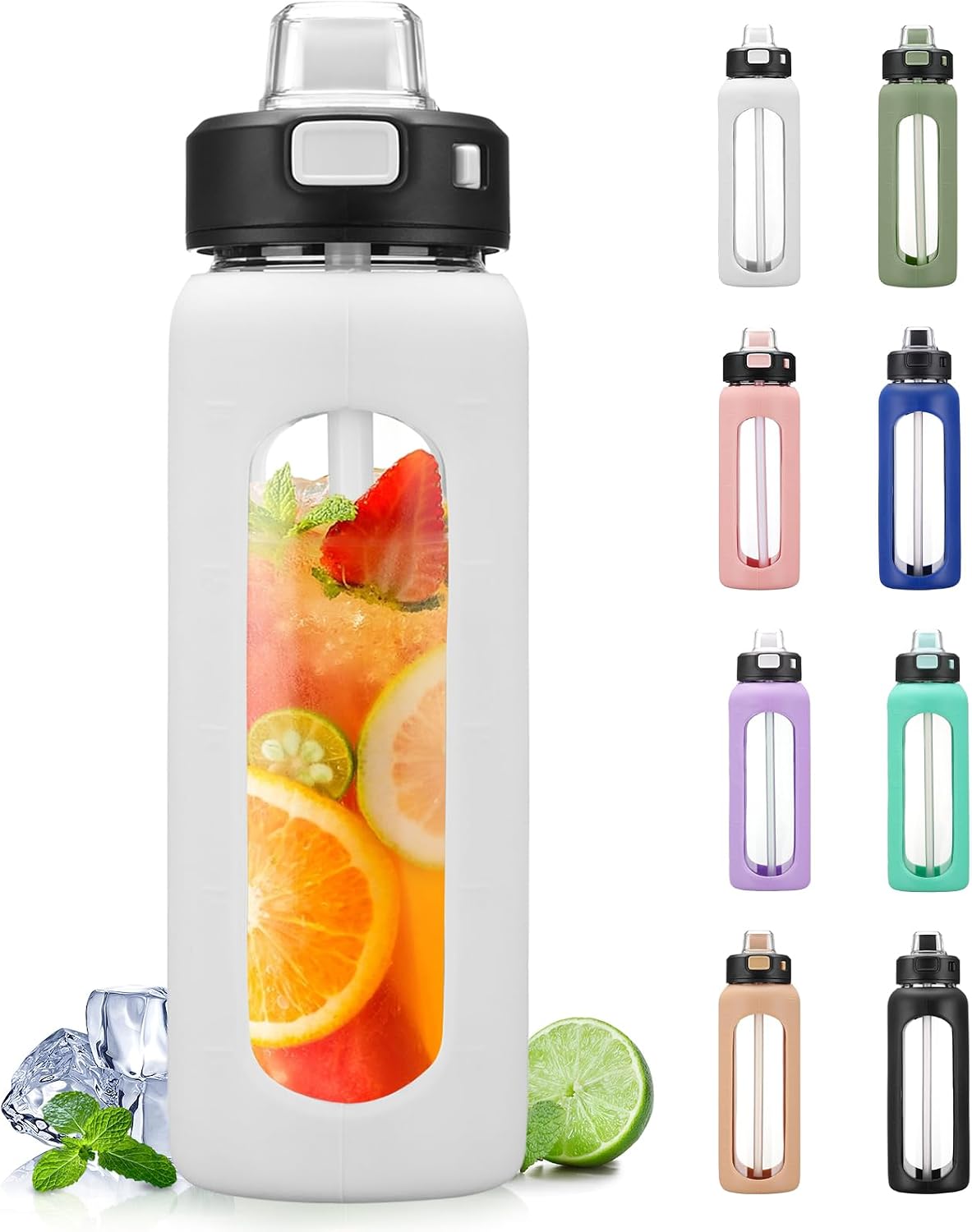 Thumbnail 6 de BLUEGO 900ml Glass Water Bottle with Handle, Straw & Silicone Sleeve – Leak-Proof Hydration for Gym and Outdoors