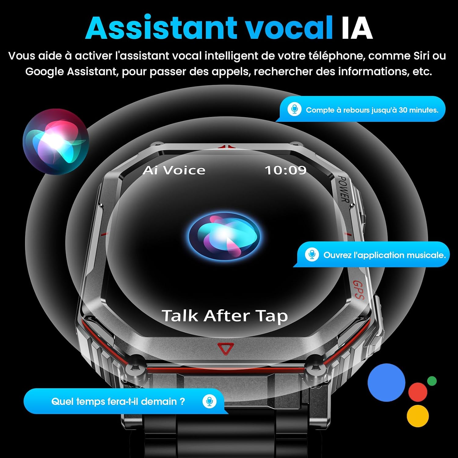Thumbnail 6 de Mingdaln Montre Intelligente Militaire en Acier – GPS, Boussole et Assistant Vocal GPT (Noir, 2,01")