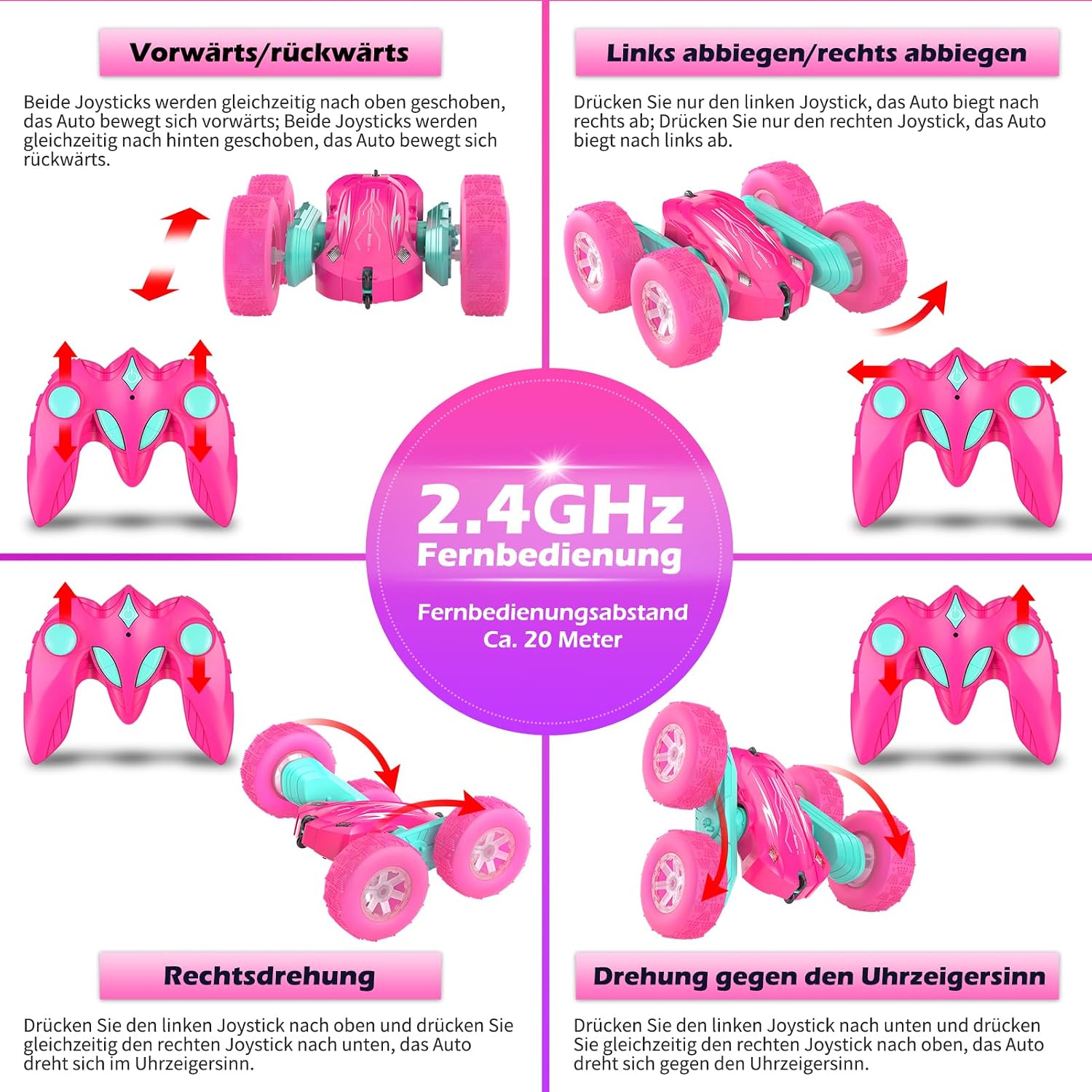 Thumbnail 6 de Rodzon Ferngesteuertes Auto Crawler 4WD Rosa – LED-Licht, 360° Flip, 2x Aufladebatterien